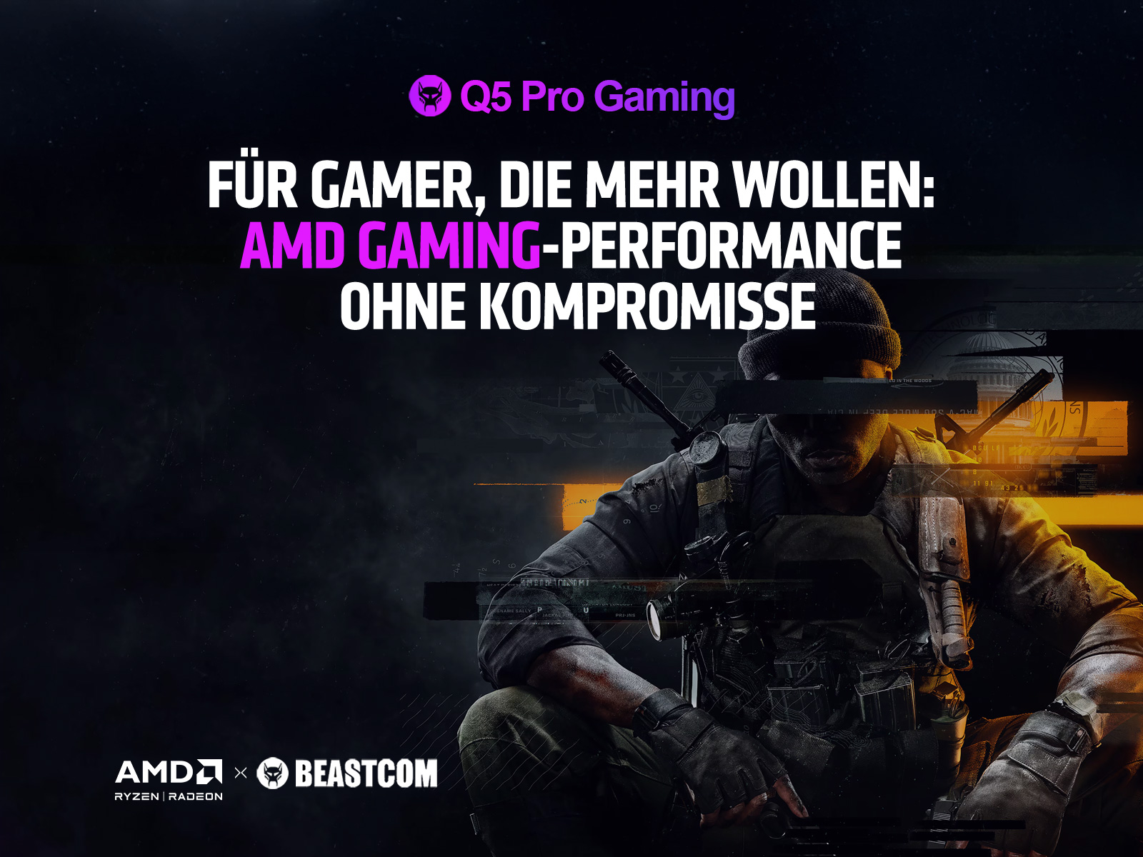 Bild zur Förderung der AMD-Gaming-Leistung. Enthält einen Gamer und Text auf dunklem Hintergrund.