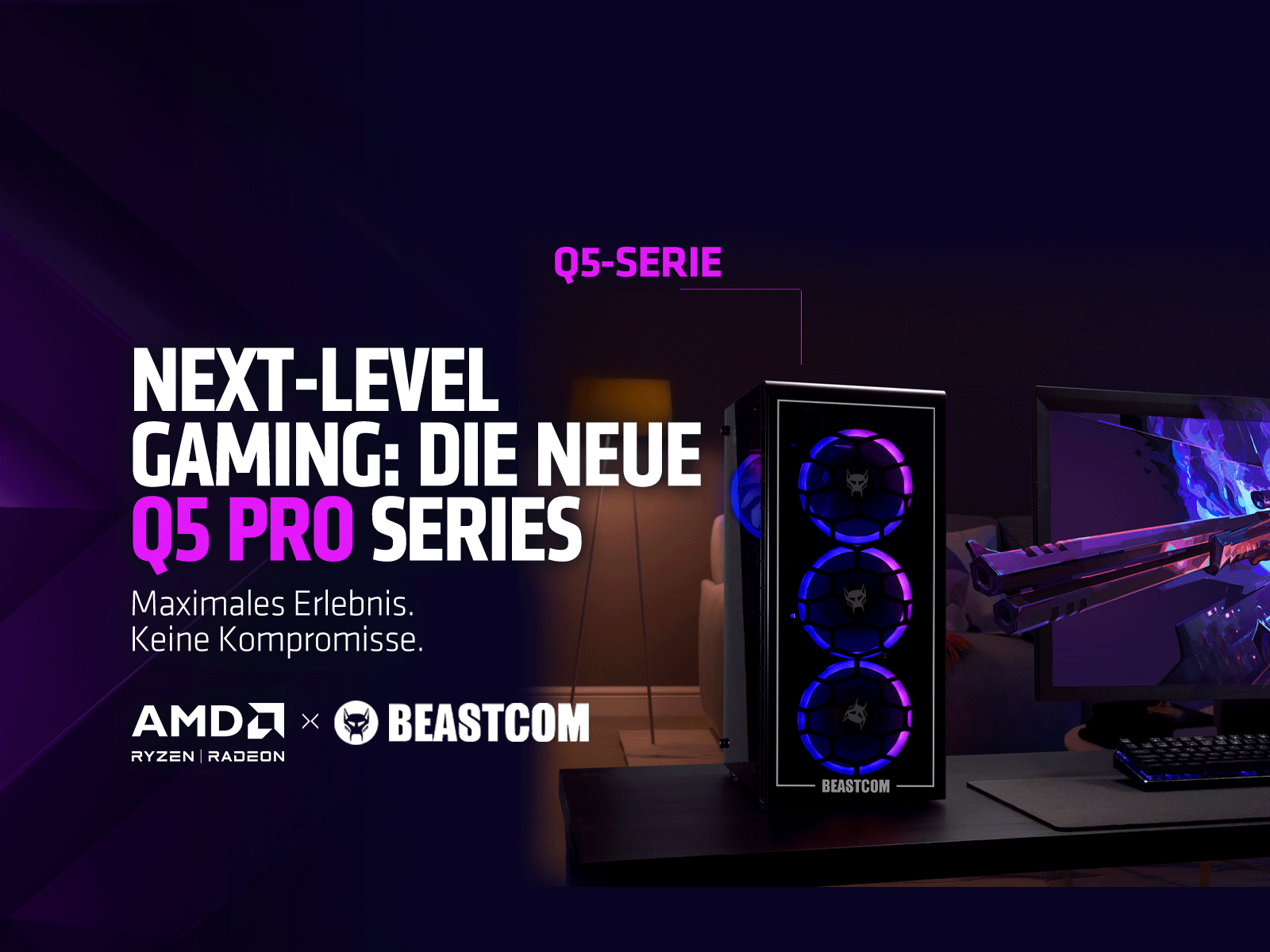 Schwarzer Gaming-PC mit farbigen Lichtern. Text: Next-Level Gaming: Die neue Q5 PRO Series.