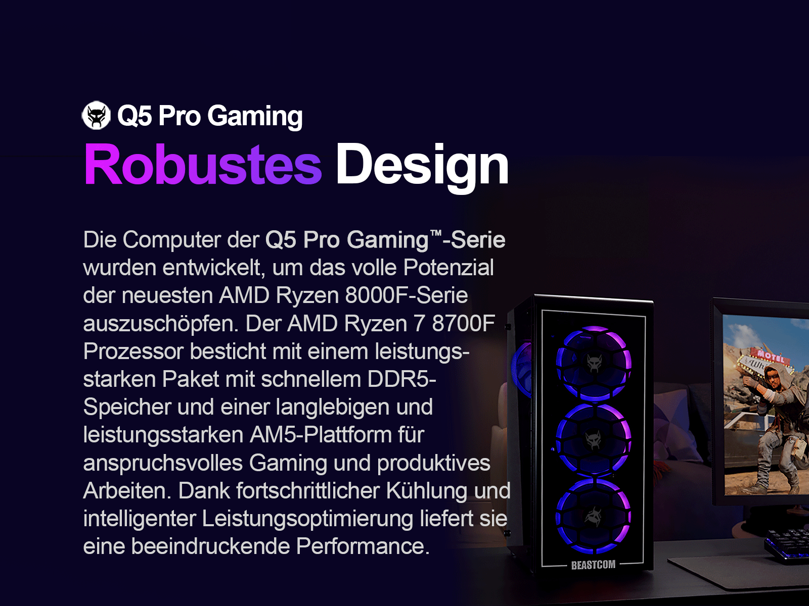 Gaming-Computer mit RGB-Beleuchtung, in einem Raum gezeigt. Text wirbt für Design, Funktionen und Ryzen 7-Prozessor.