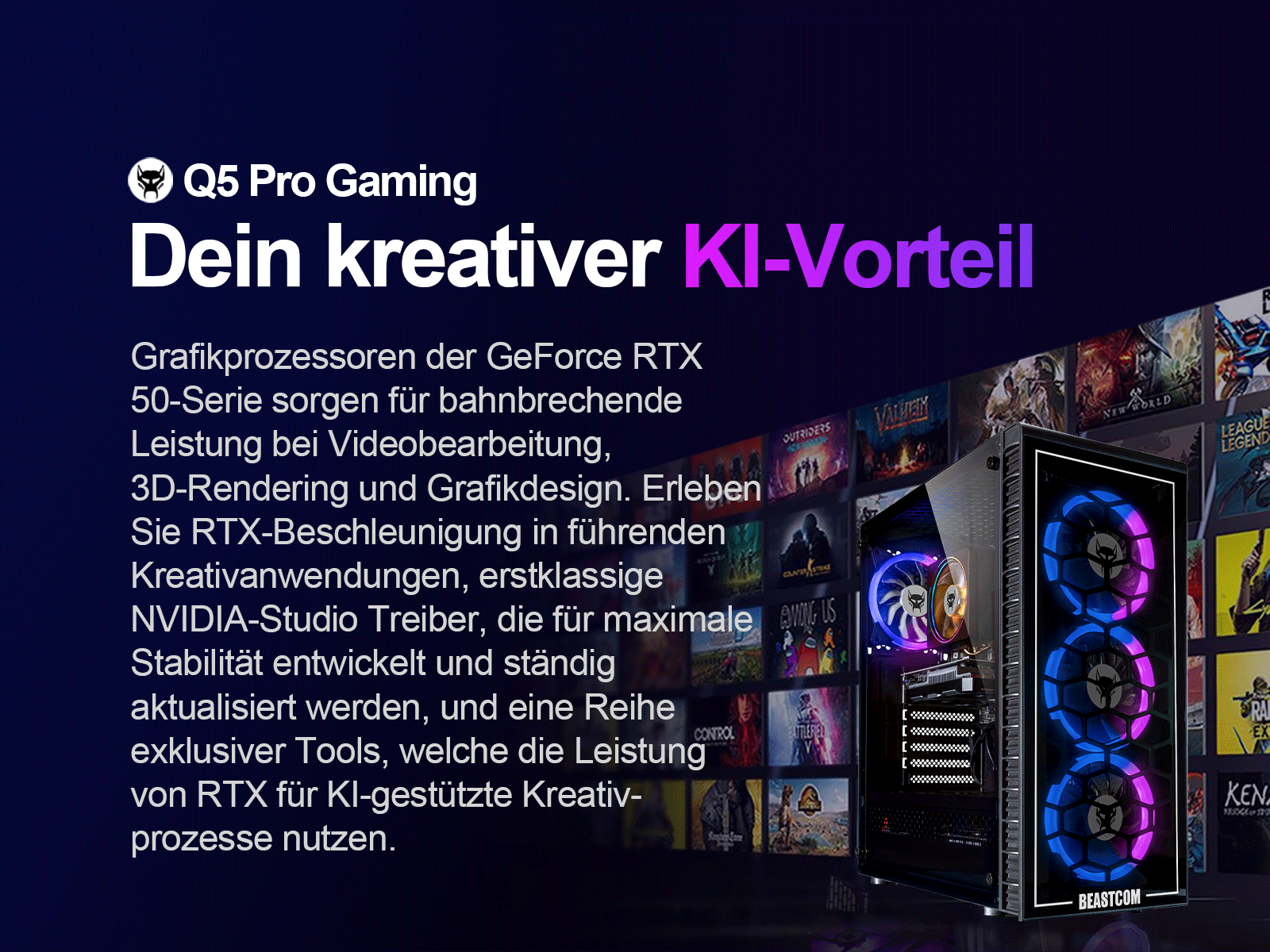 Ein Computerturm mit Lichtern. Text mit der Aufschrift Q5 Pro Gaming und Text über die Vorteile von RTX.