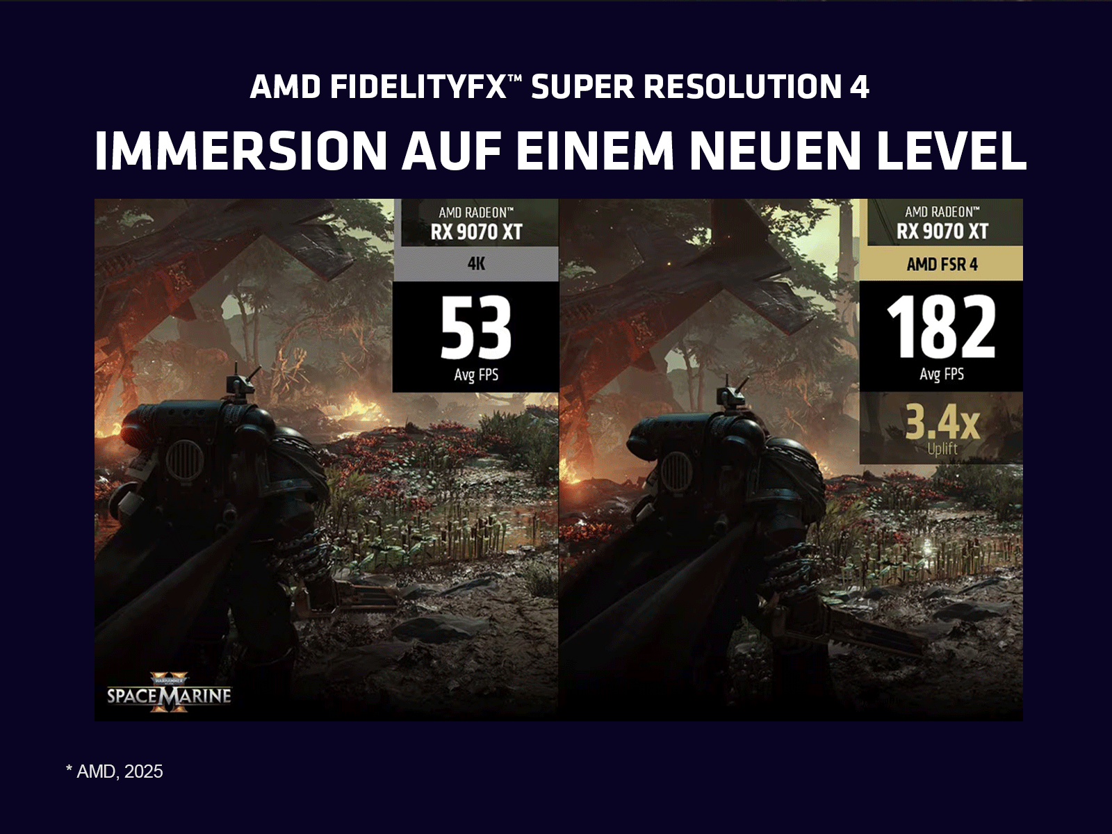 Vergleich eines Spiels mit und ohne Grafikverbesserung. Text oben beschreibt den Vergleich.