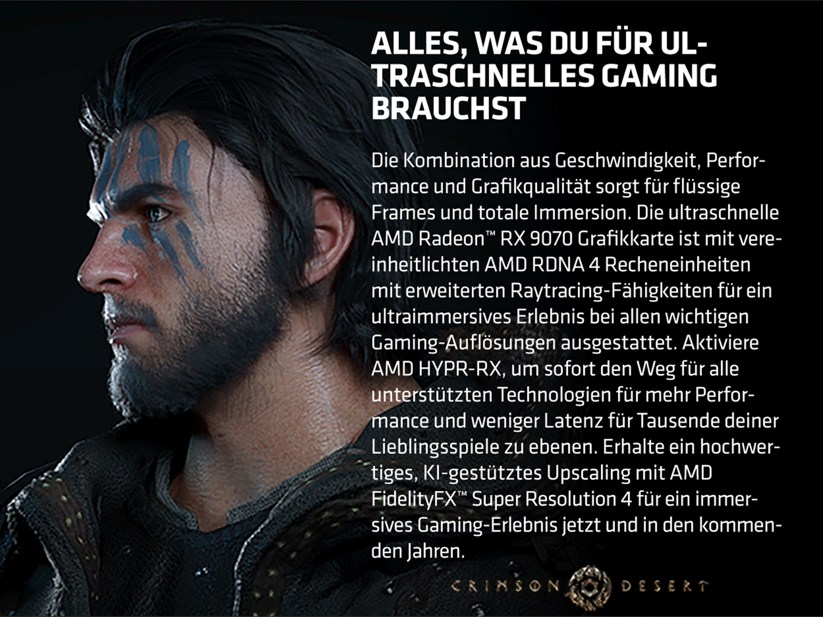 Mann mit Kriegsbemalung, Text in Deutsch über ultraschnelles Gaming und Grafikleistung.