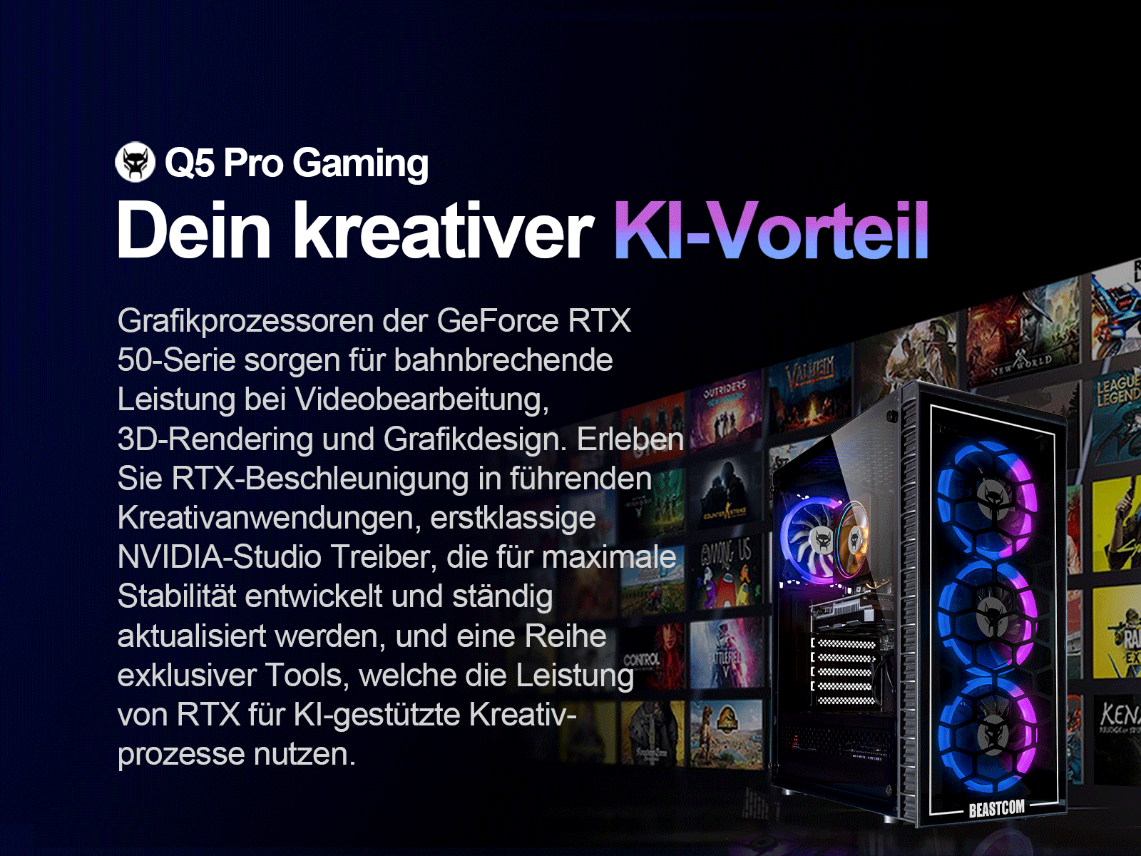 PC z tekstem: Q5 Pro Gaming. Czarna obudowa z kolorowymi wentylatorami, gry w tle.