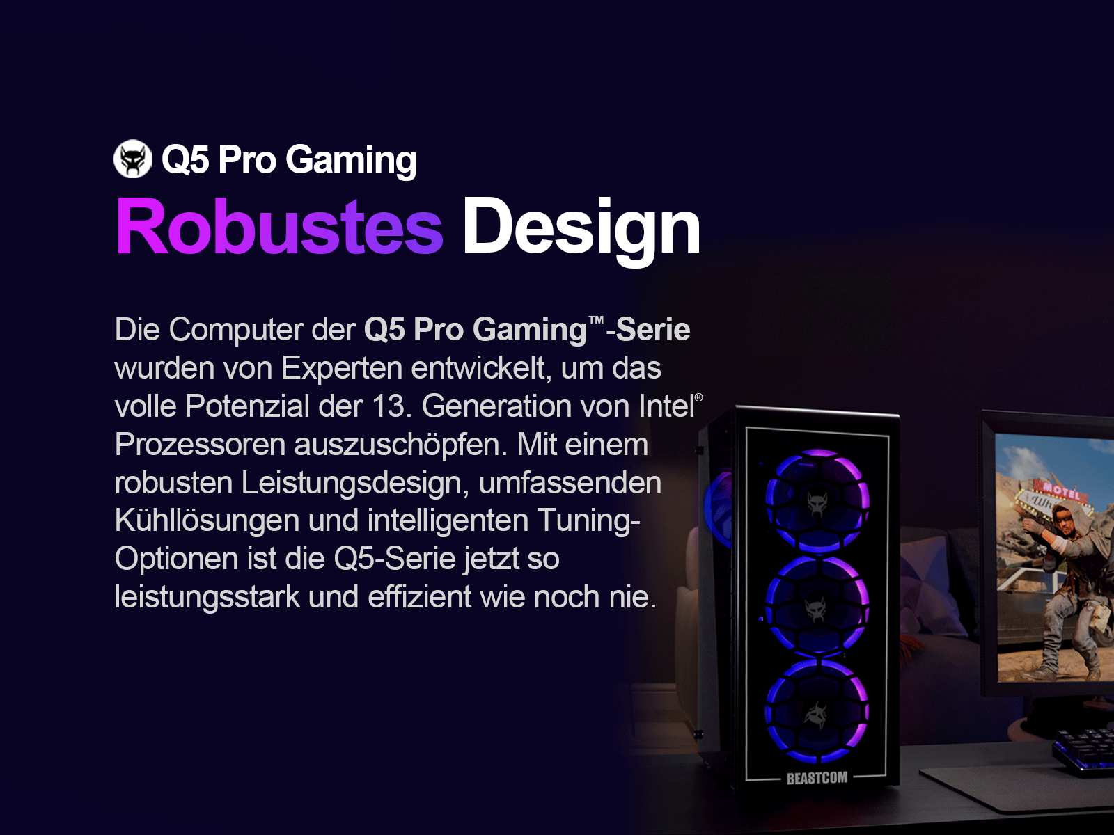 Czarna obudowa komputera z podświetlonymi światłami i monitorem wyświetlającym scenę z gry.