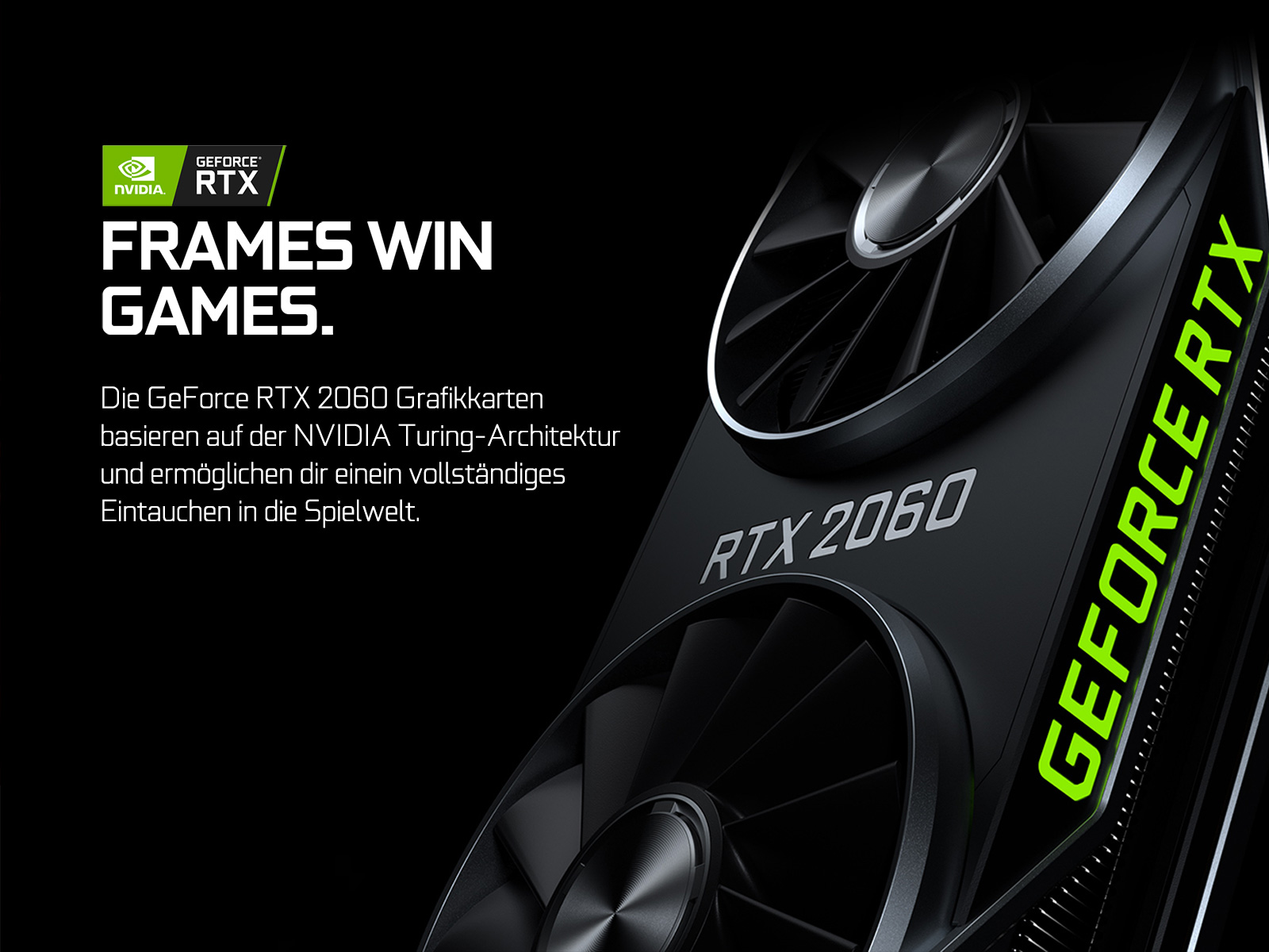 Czarna i zielona karta graficzna z tekstem: FRAMES WIN GAMES. NVIDIA GeForce RTX.