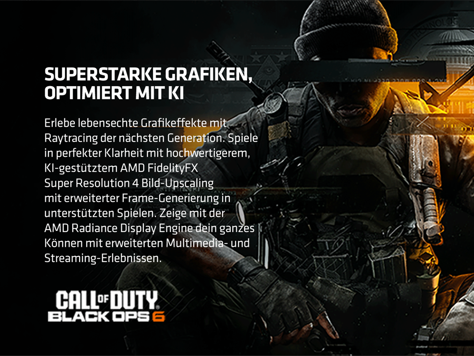 Soldat in taktischer Ausrüstung, Call of Duty Logo, schwarzer und oranger Hintergrund.