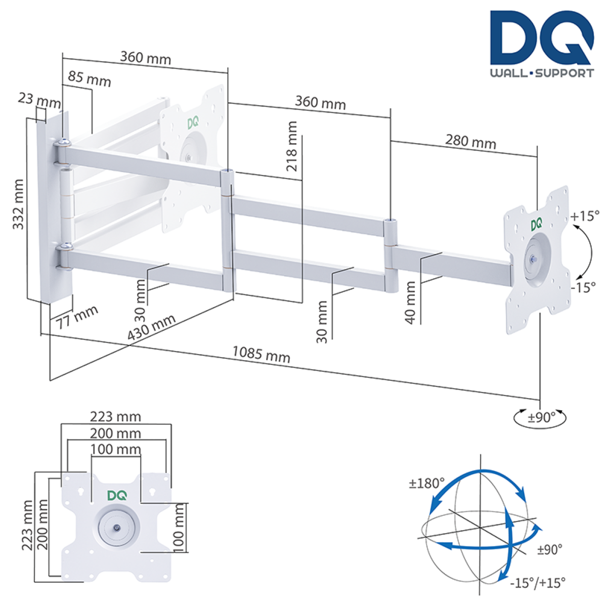 Wandhalterungsdiagramm. Weiß, mit Maßen und Text. Zeigt eine Wandhalterung.