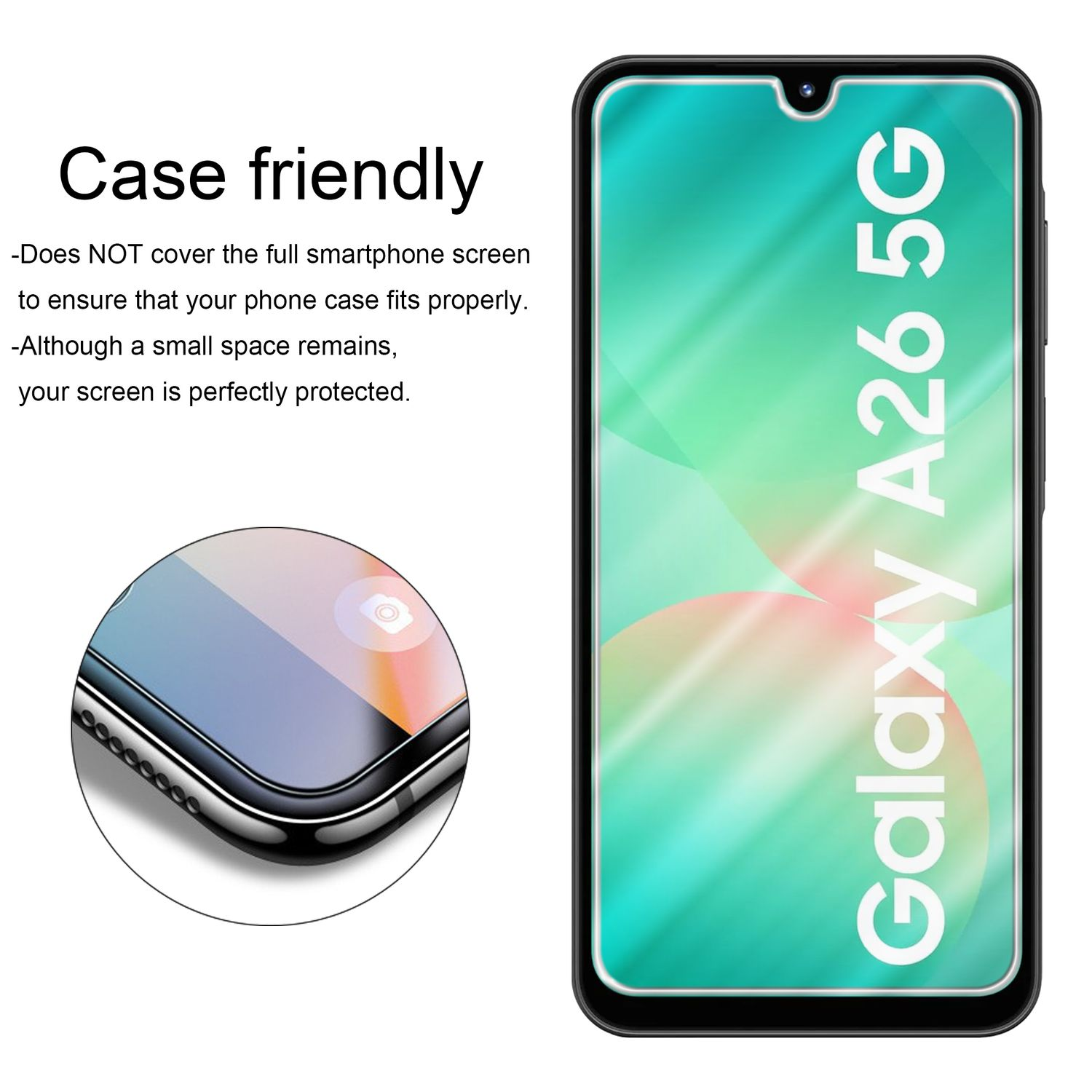 Smartphone-Bildschirm mit Displayschutz, case-freundlich, farbenfroher Hintergrund.