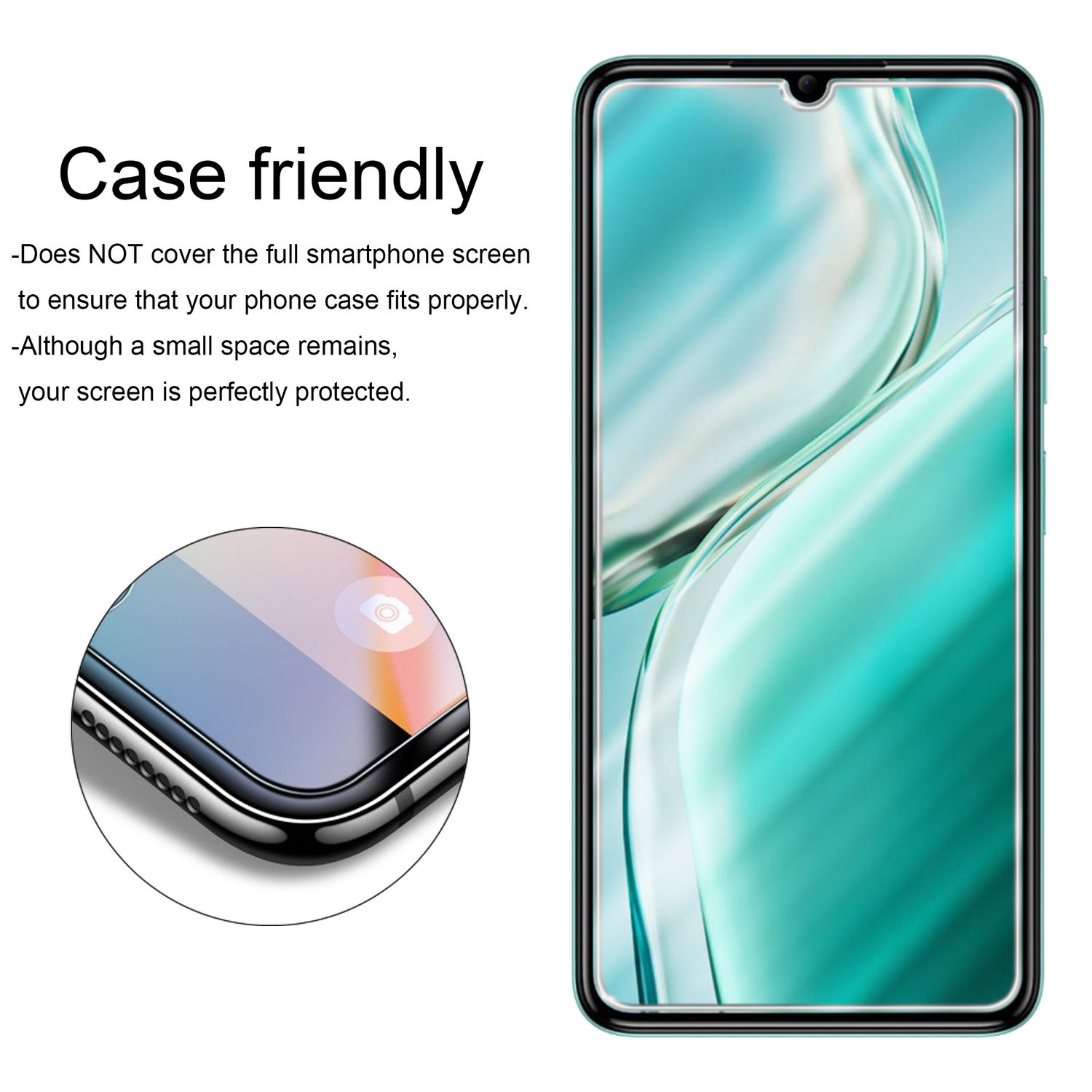Smartphone-Displayschutz, Nahaufnahme der Telefonkante und des Bildschirms, Text: Case-freundlich.