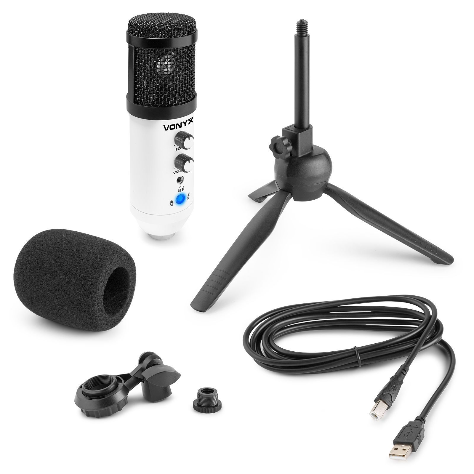 Biało-czarny mikrofon z akcesoriami: osłona piankowa, statyw, kabel i złącze.