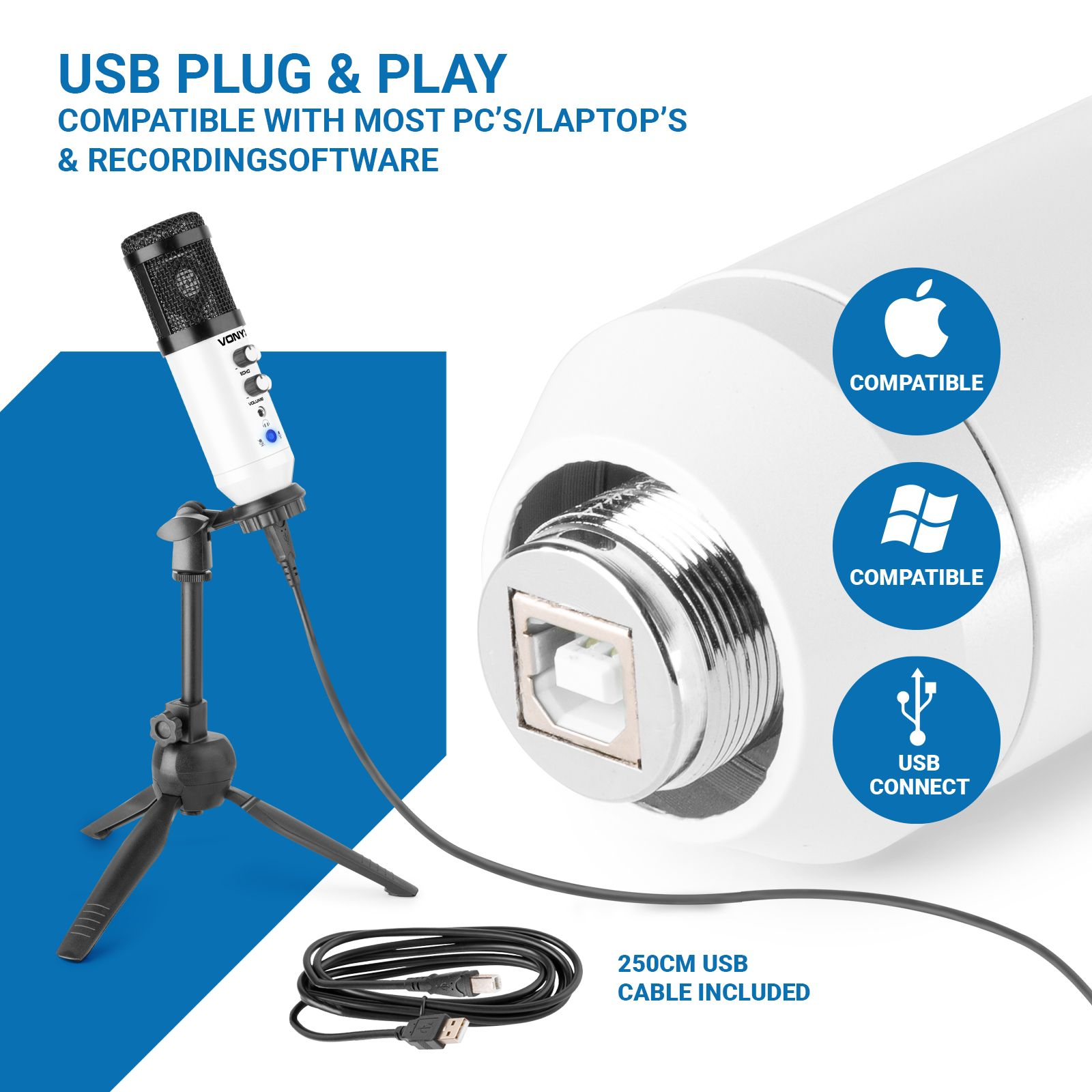 Biały mikrofon na statywie z kablem USB. Niebieskie tło z ikonami.