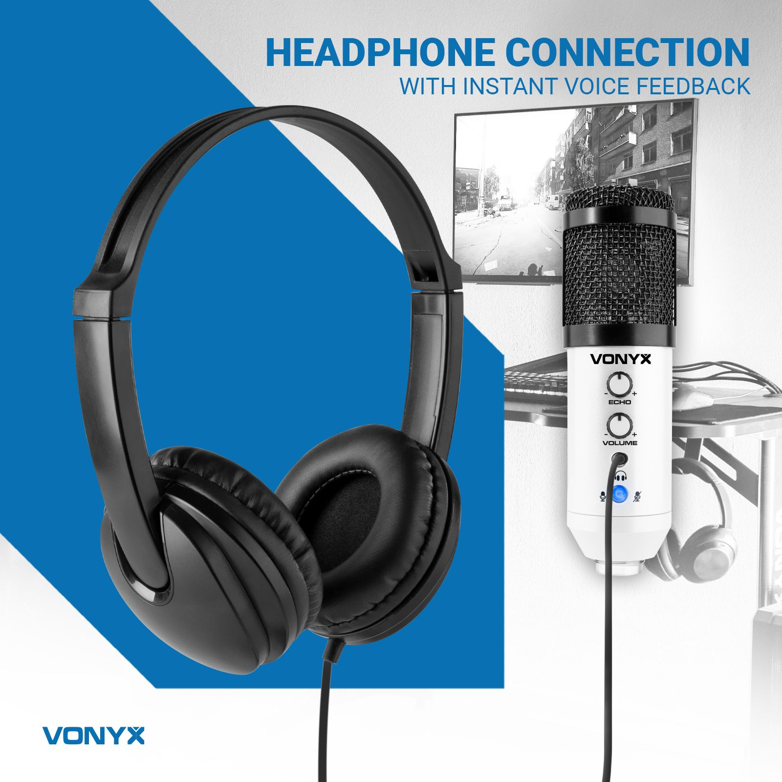 Czarne słuchawki, biały mikrofon i ekran.