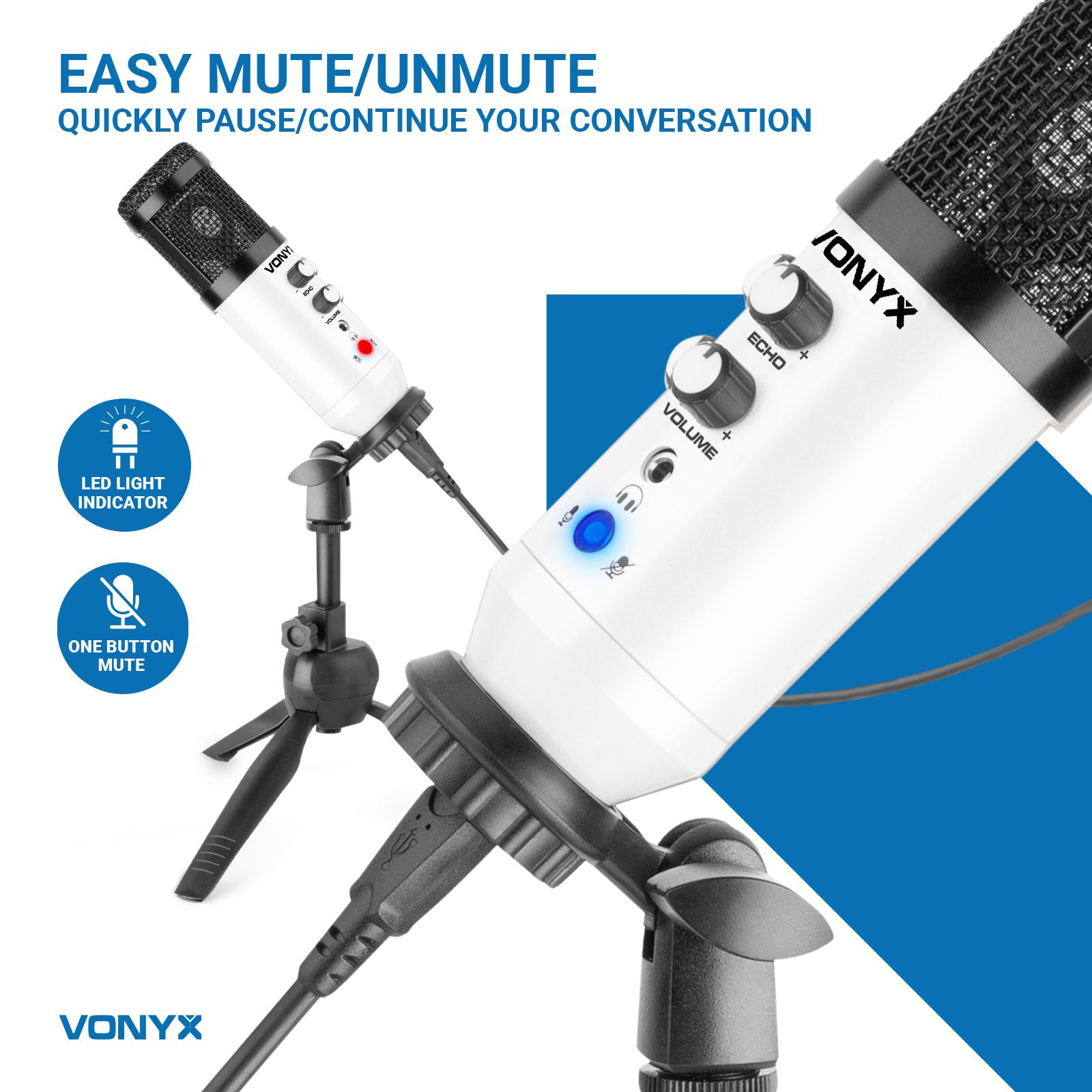 Dwa białe mikrofony na statywach. Jeden ma regulację głośności i echa. Tekst: Łatwe wyciszanie/włączanie, wskaźnik LED.