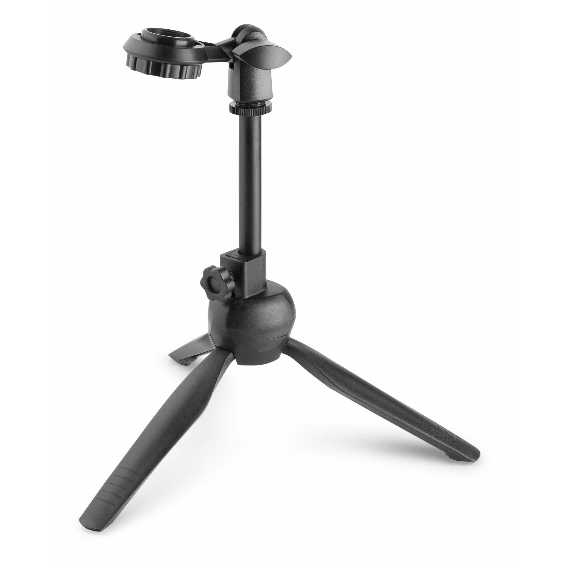 Czarny statyw mikrofonowy, z regulowaną wysokością i uchwytem na mikrofon na górze.
