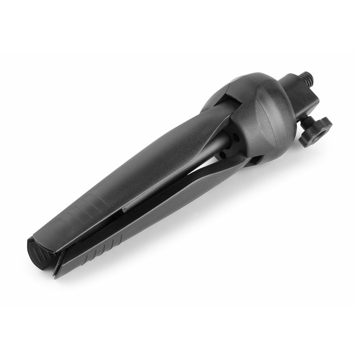 Złożony czarny statyw na białej powierzchni, nogi pod kątem i głowica kulowa.