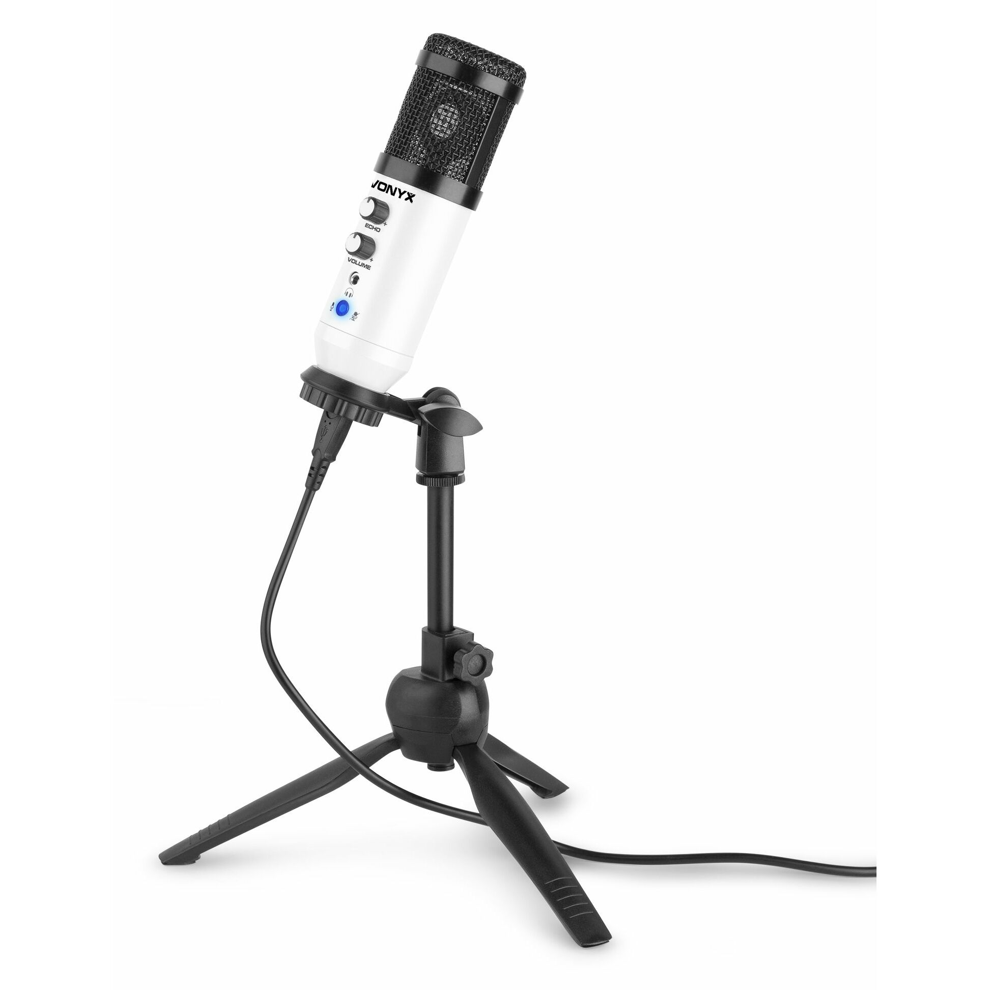 Biało-czarny mikrofon na czarnym statywie, z kablem, na białym tle.