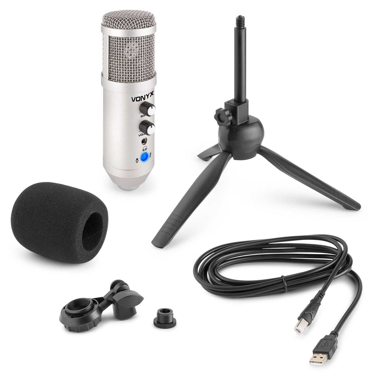 Zilveren microfoon, standaard, schuimkap, kabel en extra onderdelen. Alles op een witte achtergrond.