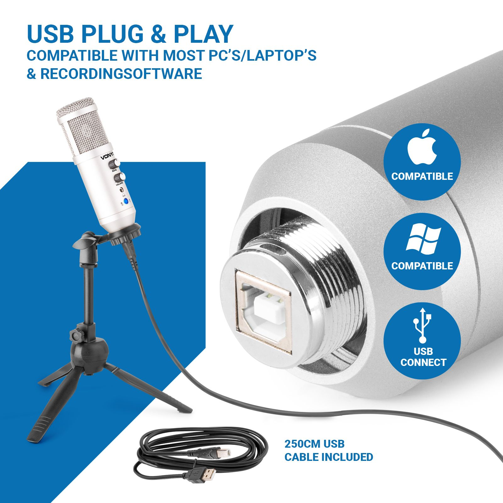 Witte microfoon op een standaard, USB-kabel, met USB- en Apple-compatibiliteitsiconen, blauwe achtergrond.