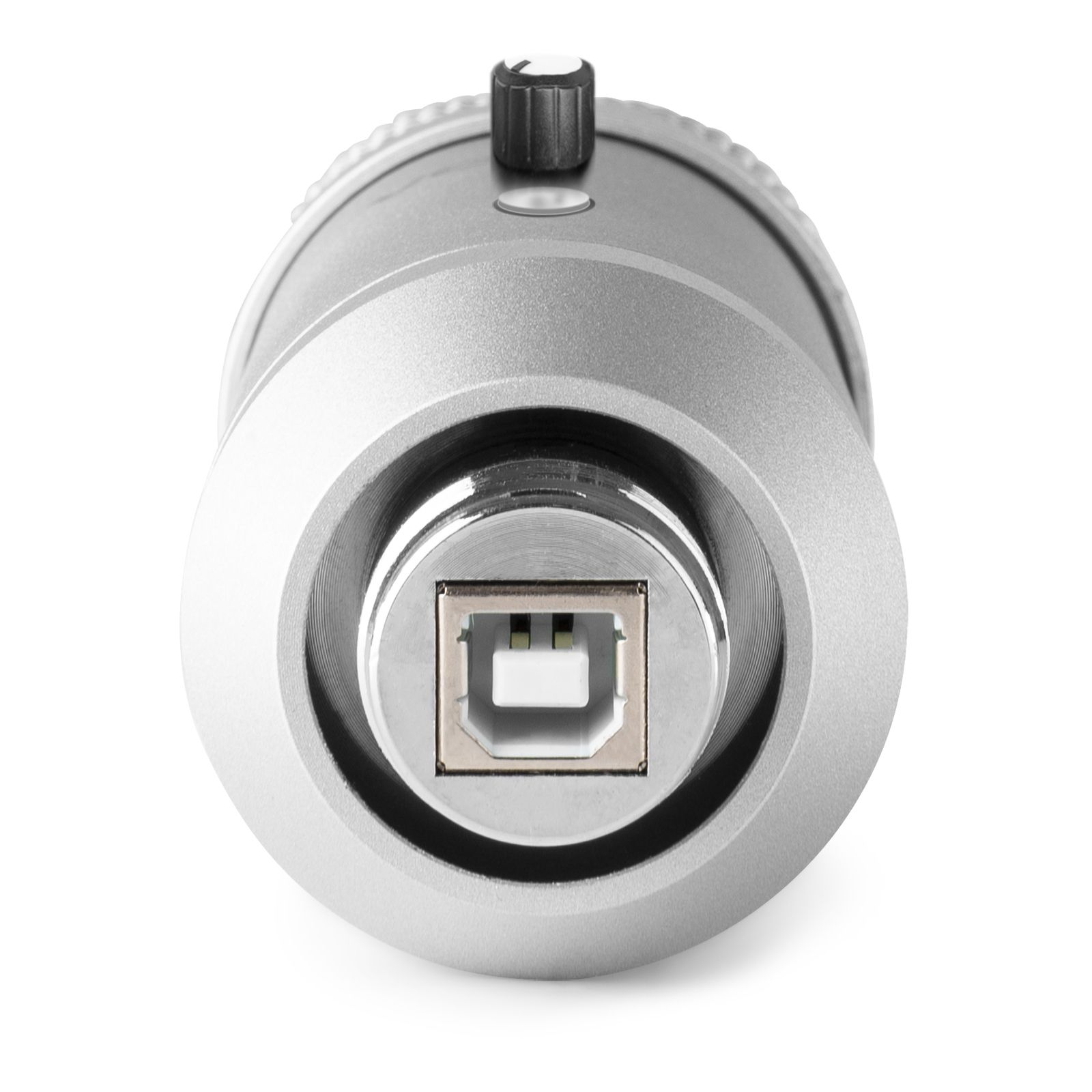 Zilveren USB-microfoon. USB-poort onderaan, met knop bovenop.