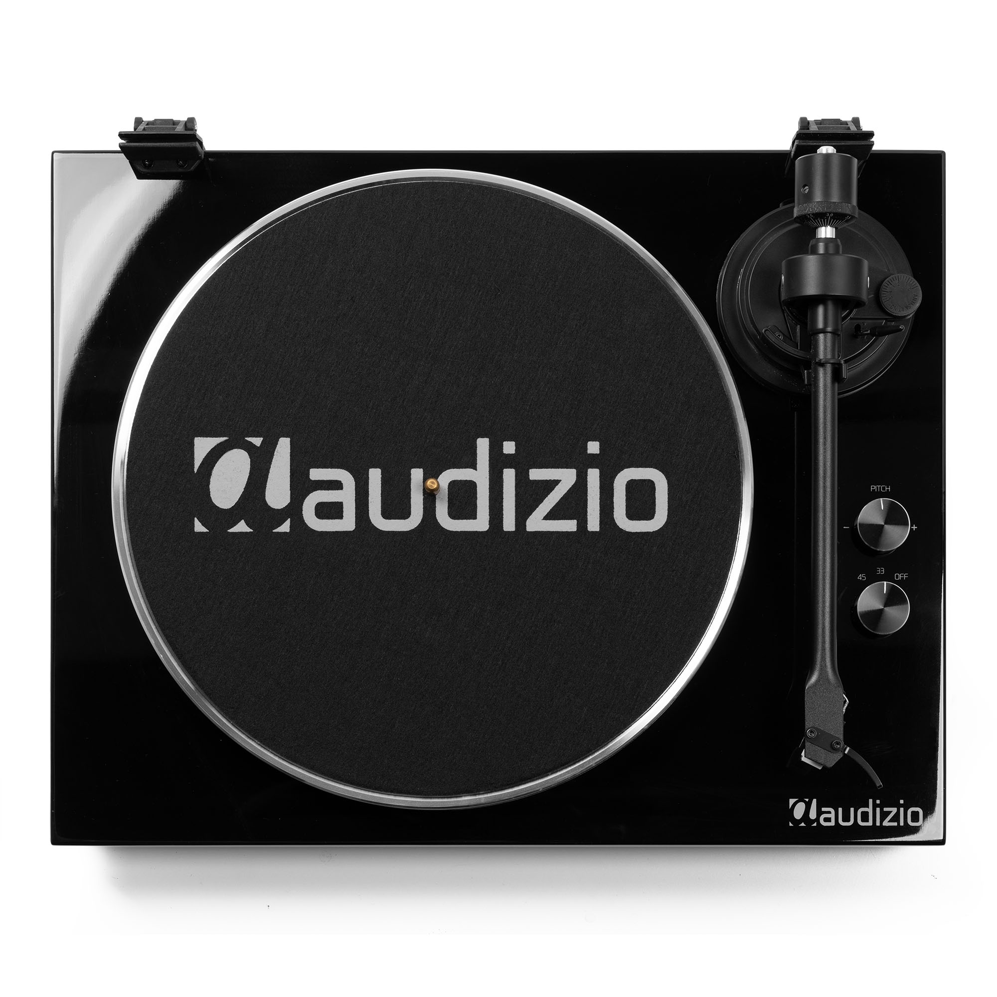 Tocadiscos Audizio negro con disco negro, brazo y controles, superficie brillante.
