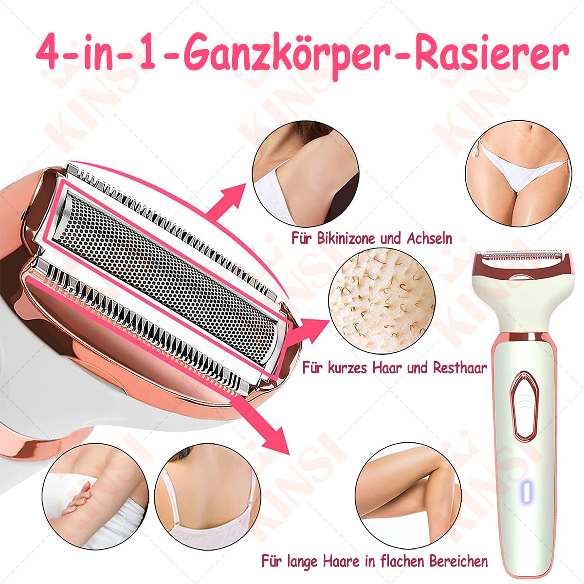 Diagramm eines 4-in-1-Körperhaarentferners mit Etiketten, die verschiedene Anwendungen und Körperbereiche angeben.