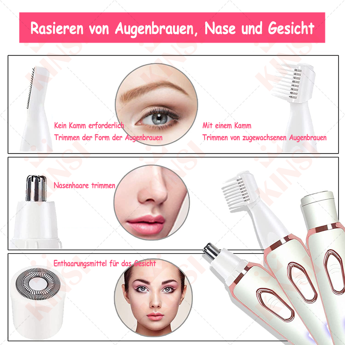 Bild zeigt Werkzeuge und ein Gesicht zur Entfernung von Augenbrauen-, Nasen- und Gesichtshaaren.