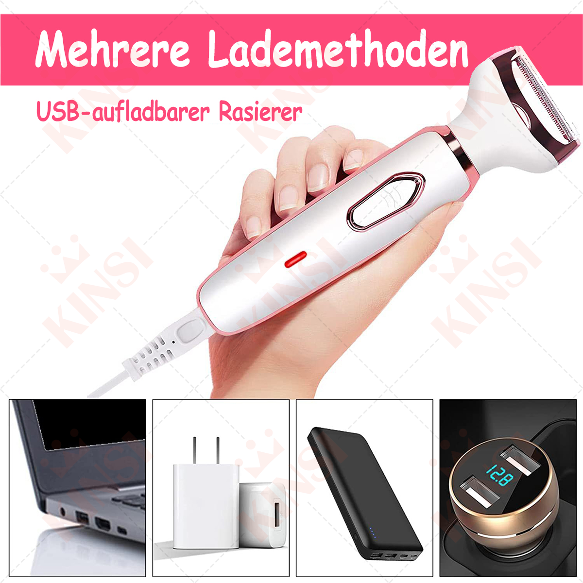 Elektrischer Rasierer. Weiß und rosa mit Ladekabel. Mit Ladezubehör. Weißer Hintergrund.