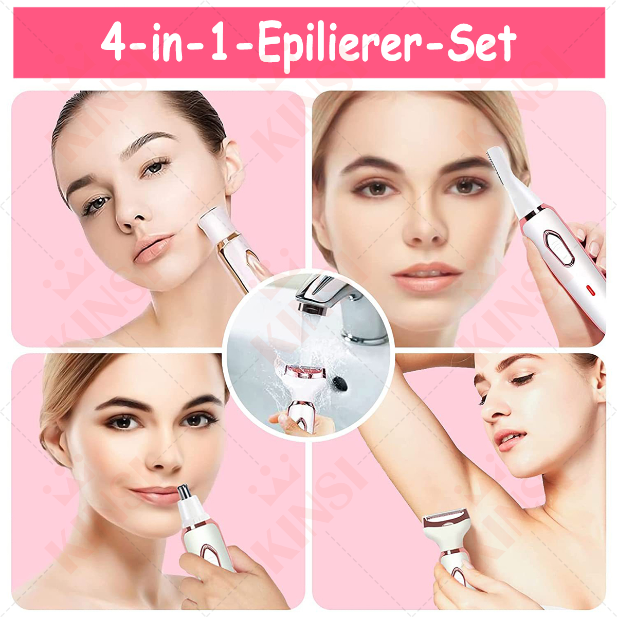 Vier Bilder zeigen eine Frau, die einen 4-in-1 Epilierer für verschiedene Bereiche benutzt.