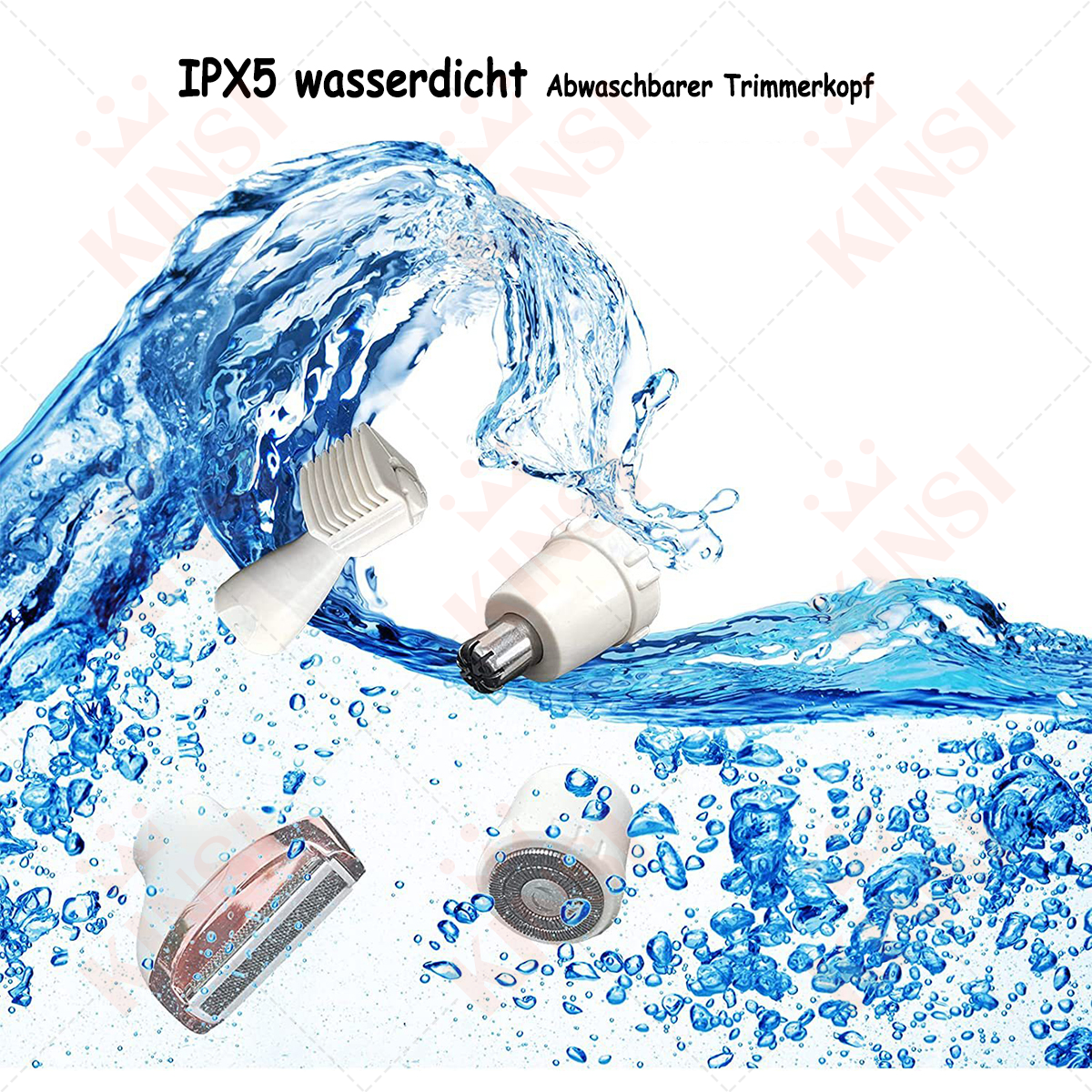 Drei weiße und silberne Trimmerköpfe mit Wasserspritzern und Blasen, Produktbild.