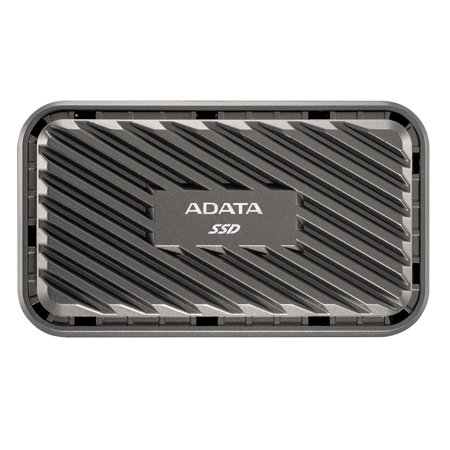 Unità SSD ADATA grigia con design a rilievo. Il nome del marchio 'ADATA' è visibile sull'unità.