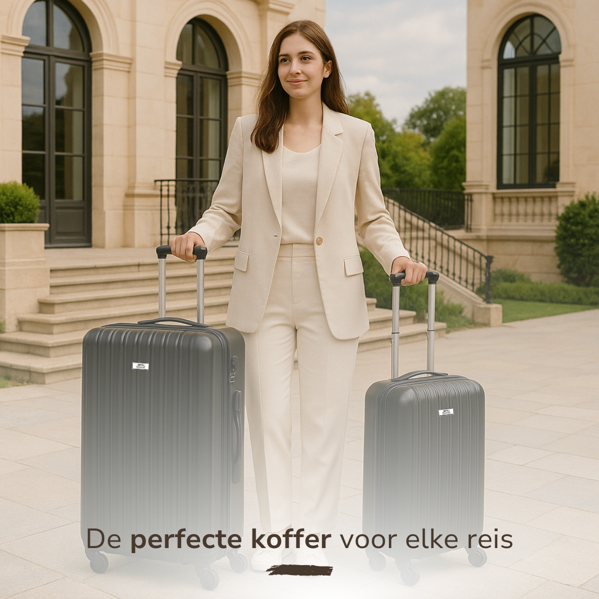 Woman in suit with two gray suitcases in front of a building.