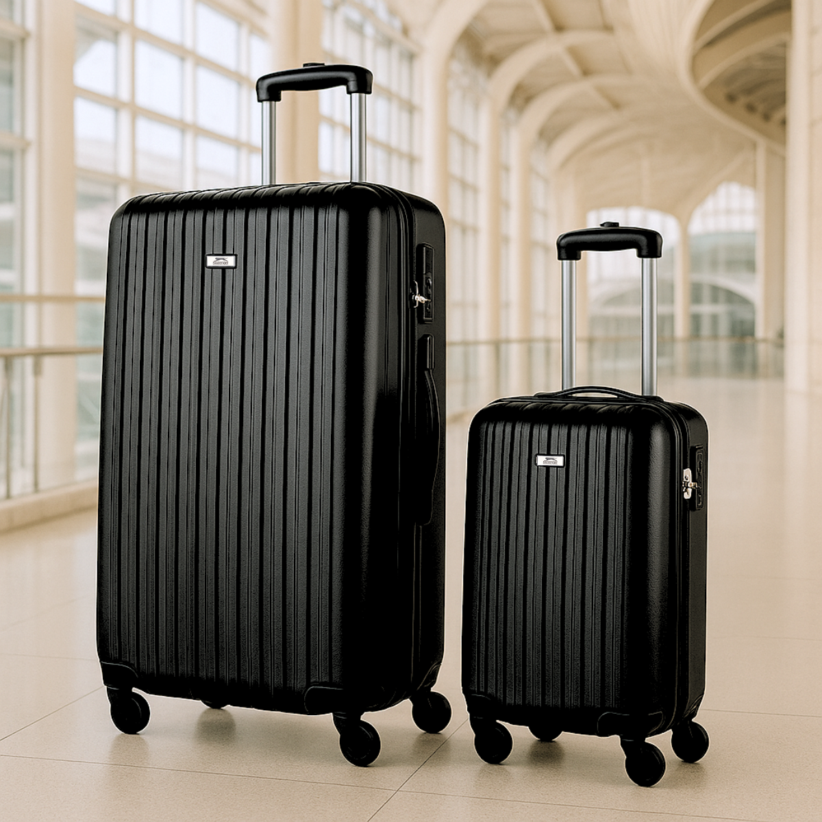 Two black suitcases, one large, one small, standing on a light-colored floor in a hallway.