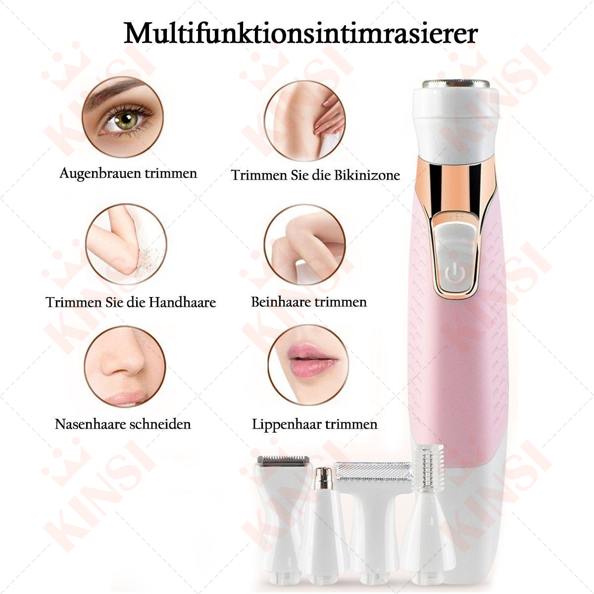 Rosa-weißer elektrischer Trimmer mit Aufsätzen. Diagramme zeigen Anwendungen: Augenbrauen, Bikini usw.