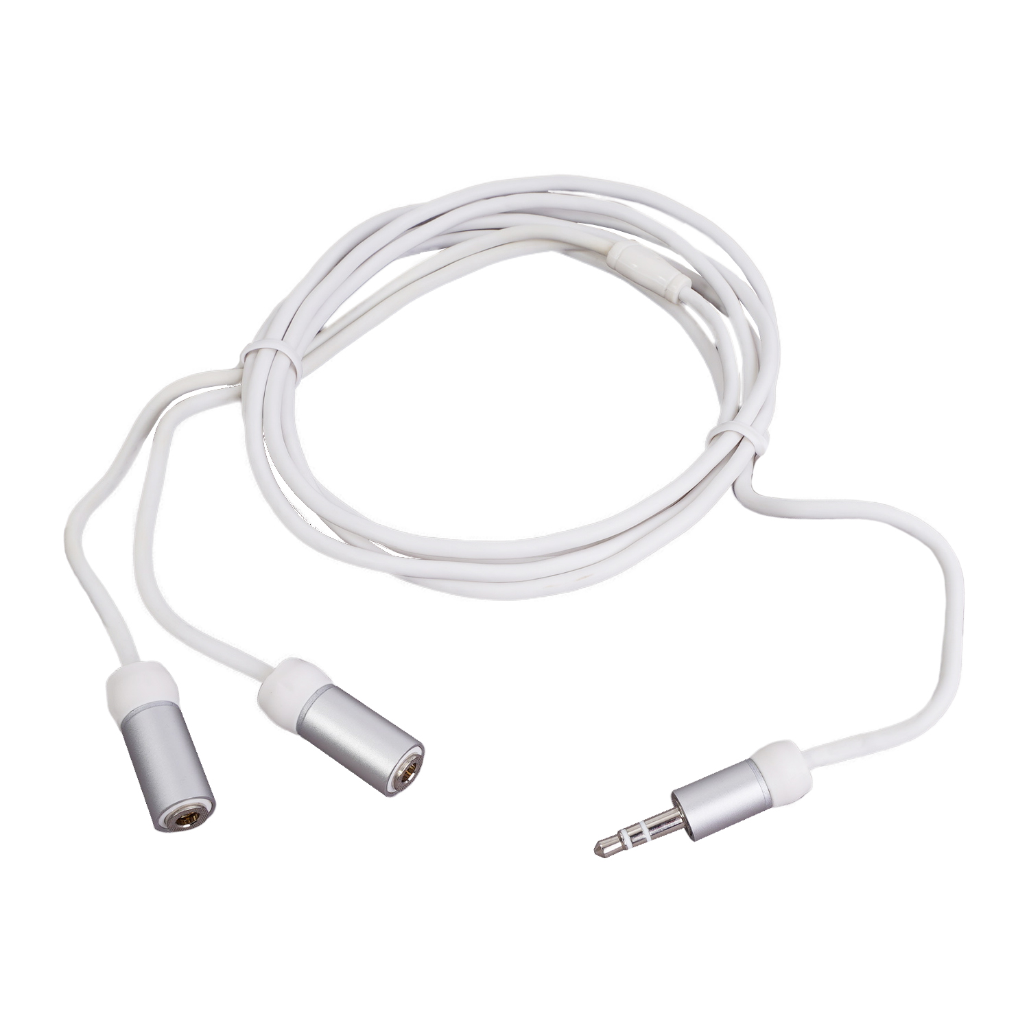 Weißes Audio-Splitterkabel mit zwei Buchsen und einem Stecker.