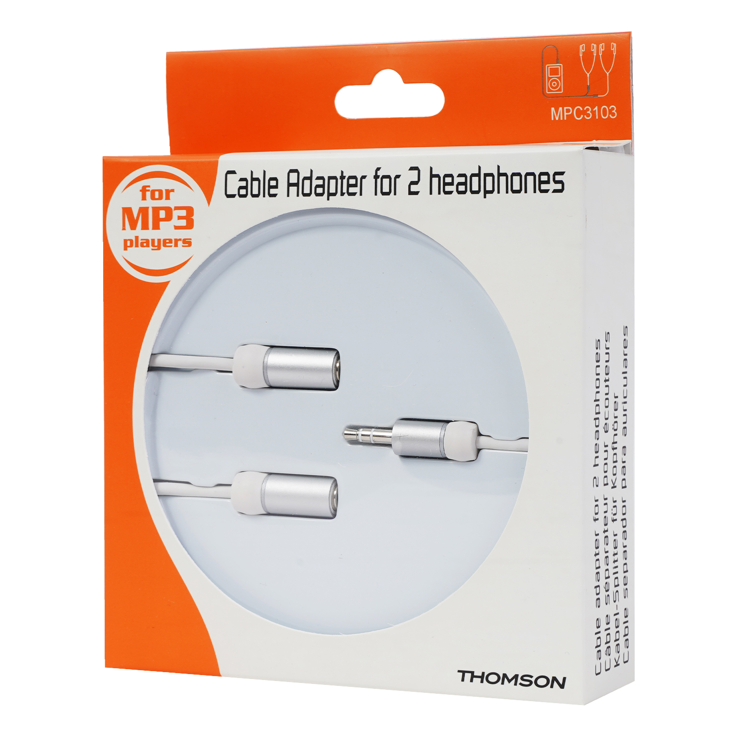 Eine Schachtel mit einem Kabeladapter für Kopfhörer. Hat ein orange-weißes Design.