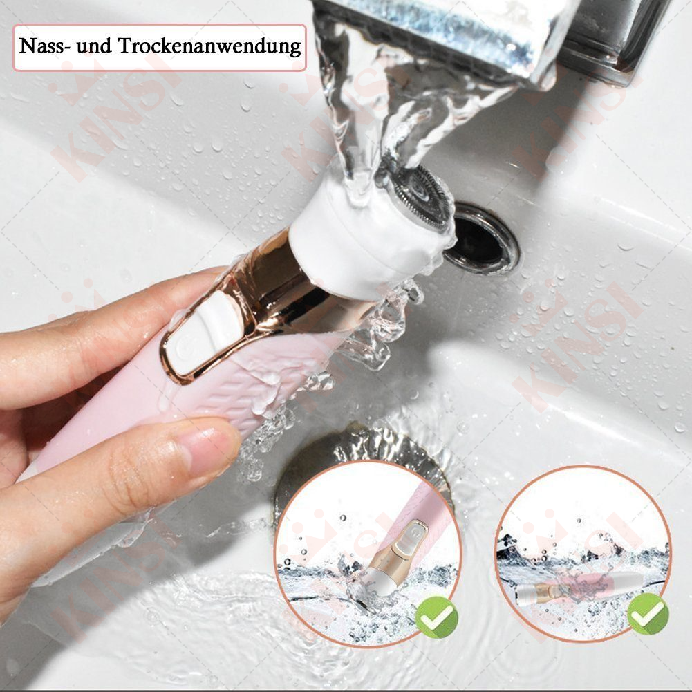 Pinker und goldener Elektrorasierer im Waschbecken mit Wasser. Kreise zeigen Nass- und Trocken.