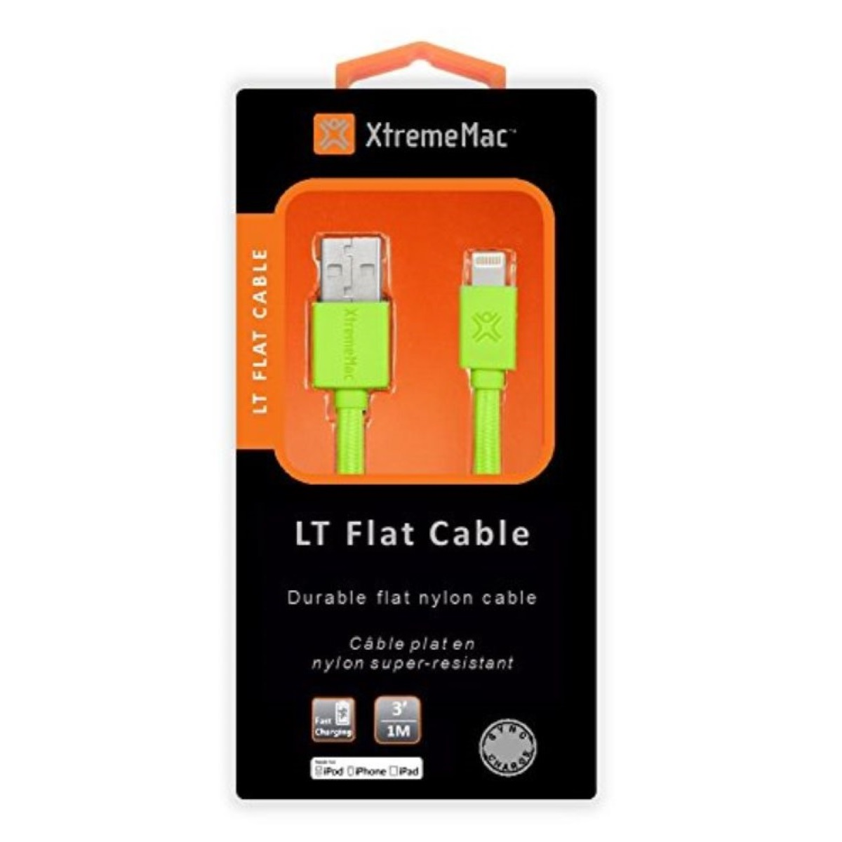 XtremeMac LT Flat Cable Verpackung. Das Kabel ist grün, mit USB und Lightning Anschluss.