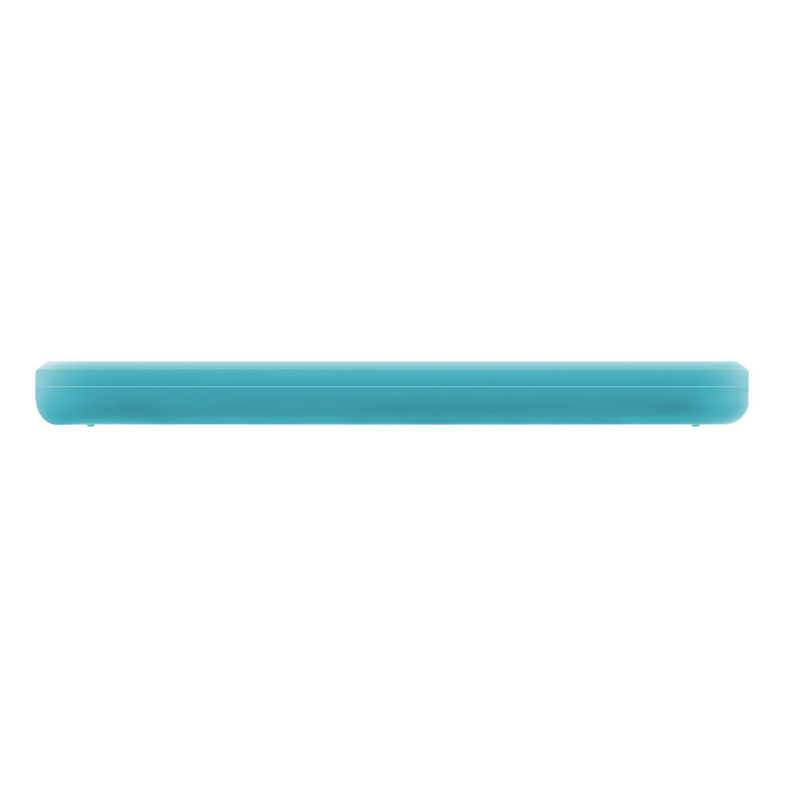 Objeto rectangular turquesa sobre fondo blanco.