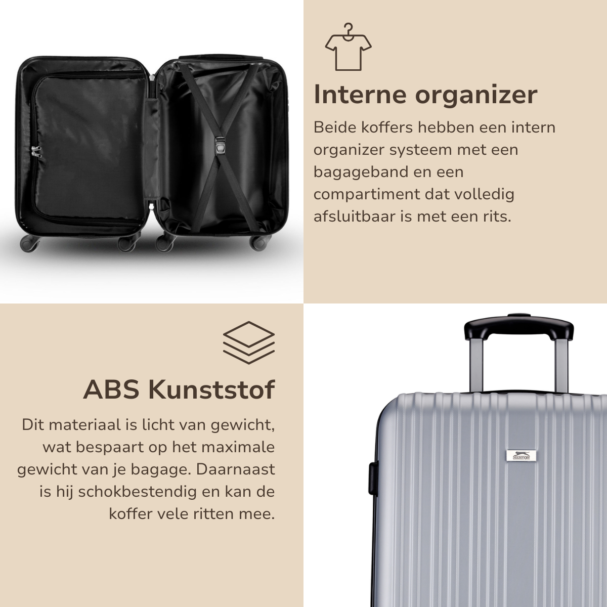 An open gray suitcase with black interior and text about 'ABS Kunststof' material.
