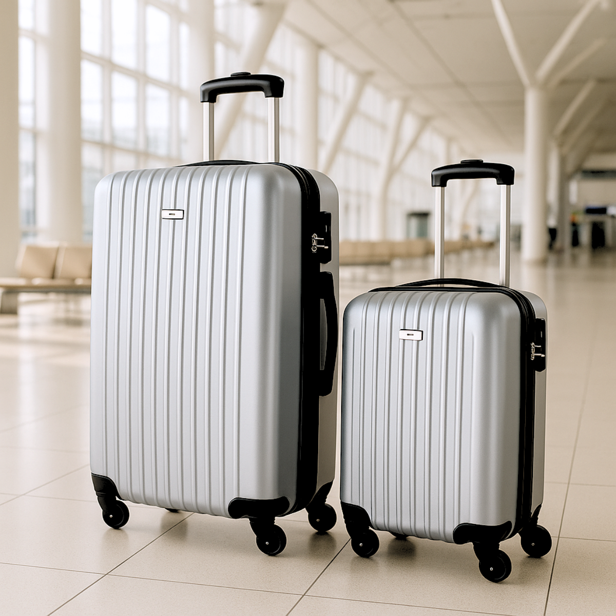 Two silver suitcases on a tiled floor in an airport.