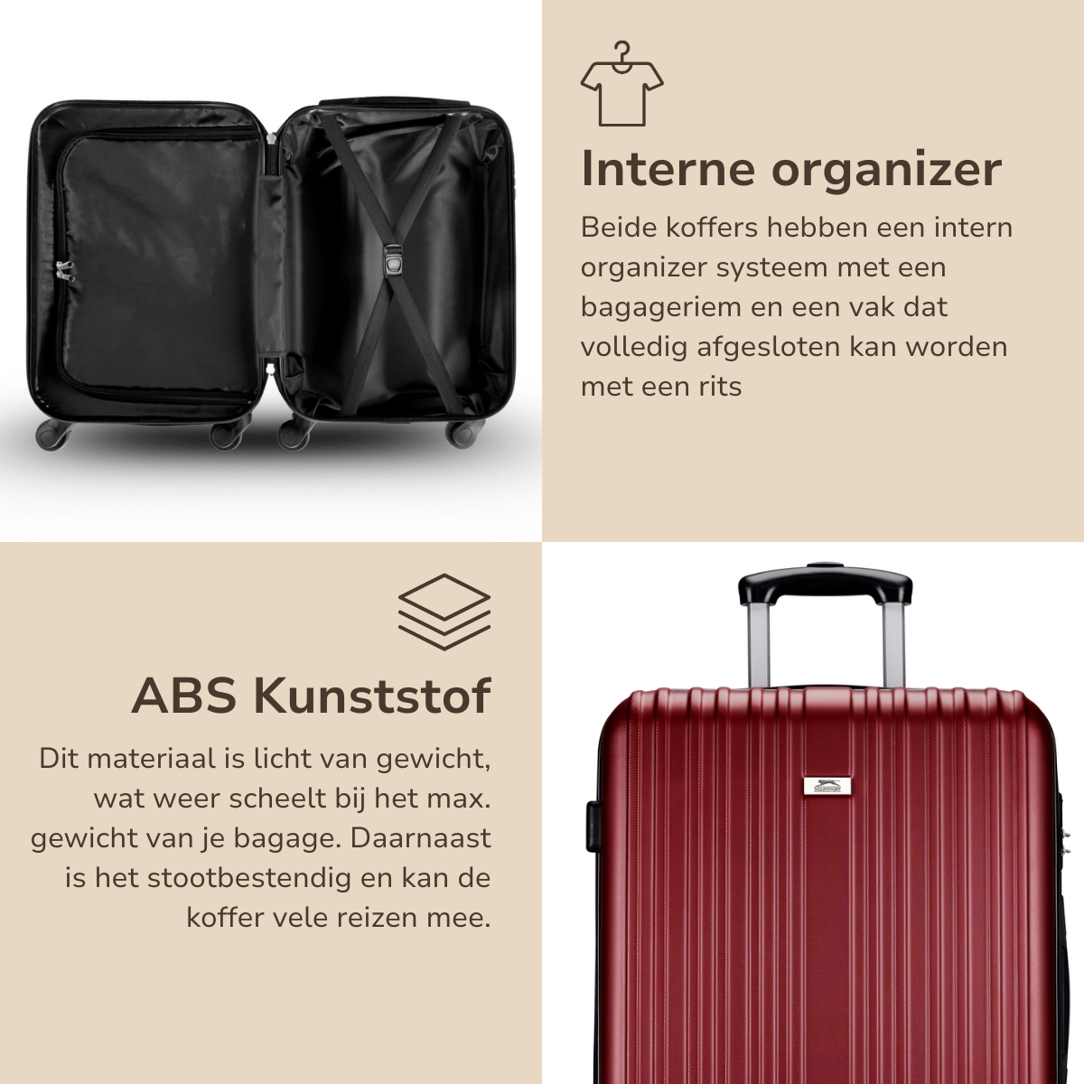 Red suitcase with an open black interior with a telescoping handle. Text on the image.