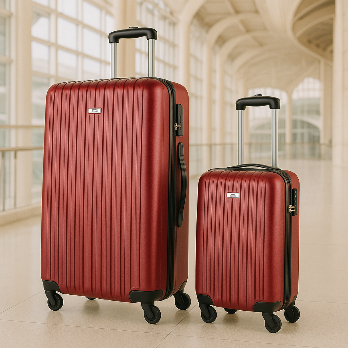 Two red suitcases of different sizes, with black handles and wheels, in an airport setting.