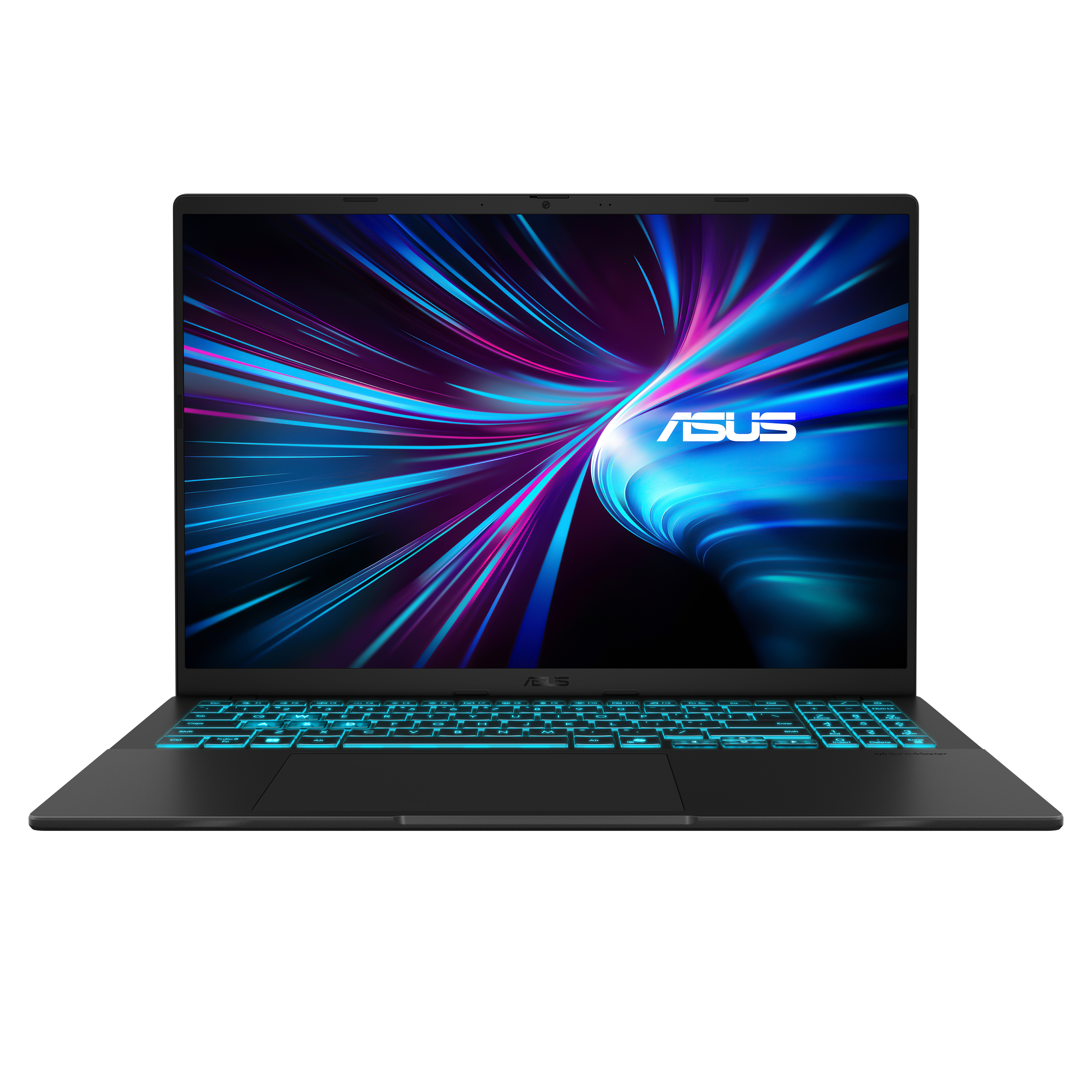 Czarny laptop otwarty, z niebiesko-fioletowym podświetlanym ekranem i logo ASUS.