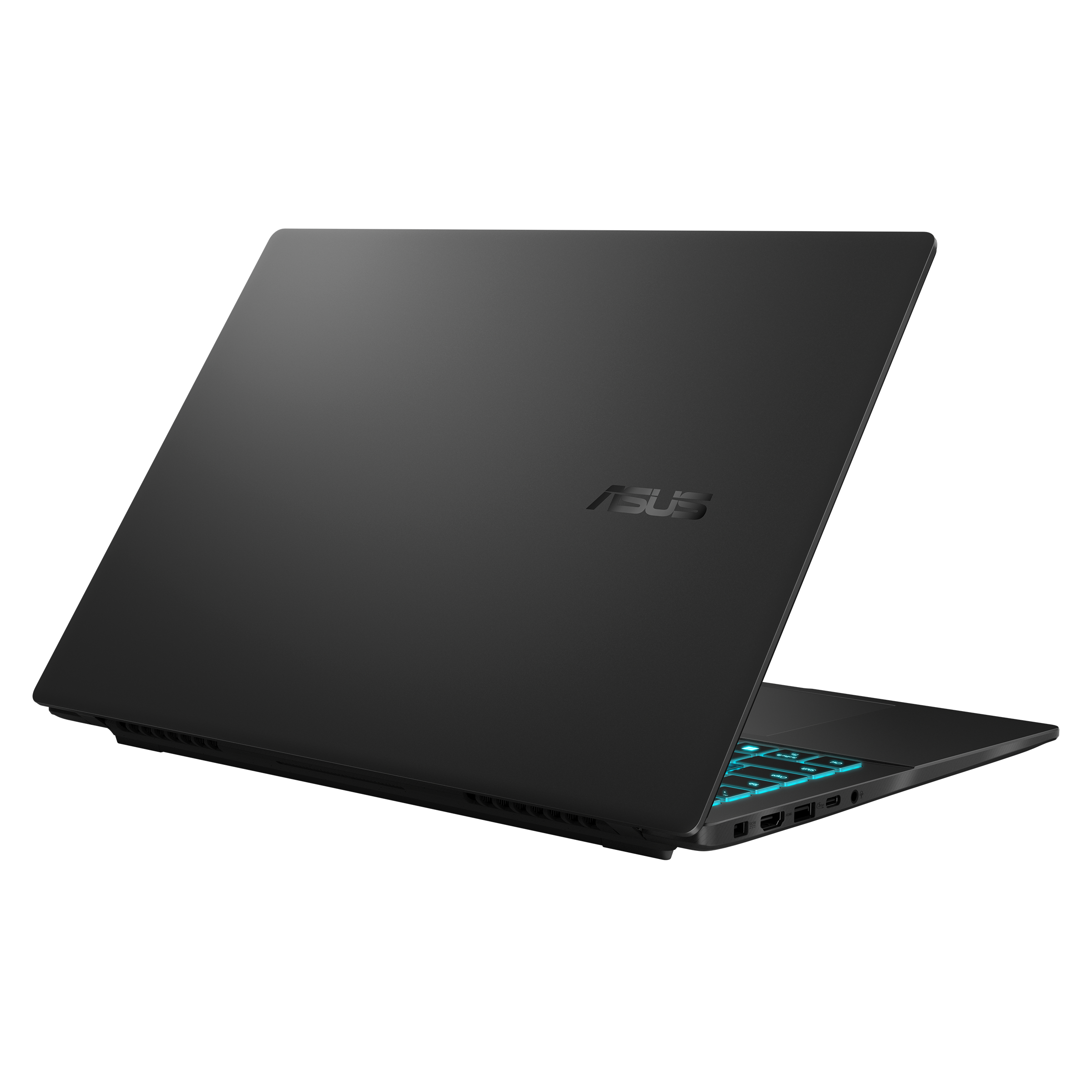 Czarny tył laptopa, otwarty, z logo Asus i podświetlaną klawiaturą.