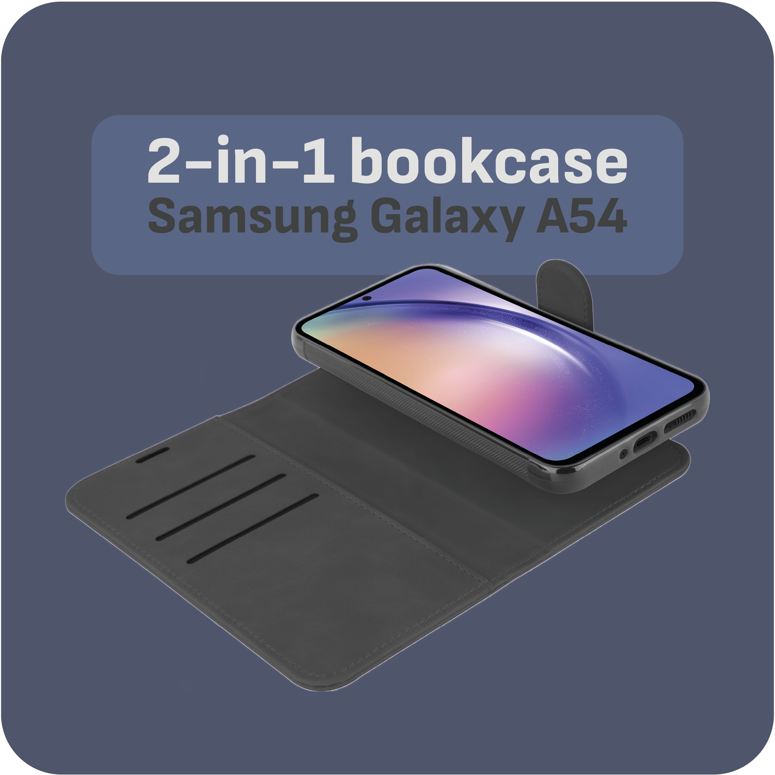 Eine schwarze Handyhülle, die ein Samsung Galaxy A54 zeigt. Graues Gehäuse mit drei Kartenfächern.