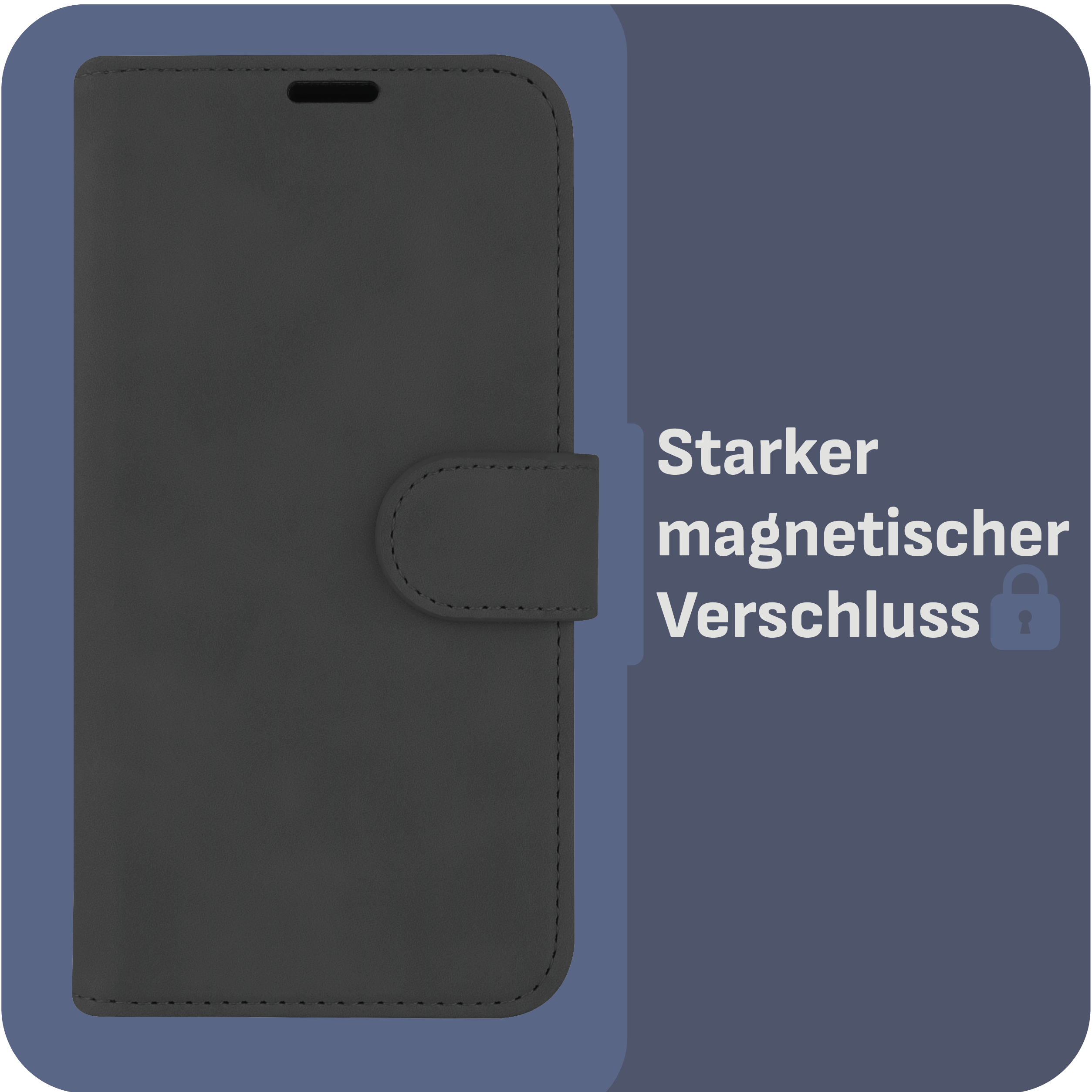 Schwarze Handyhülle mit Magnetverschluss. Text: Starker Magnetverschluss. Schloss-Symbol.