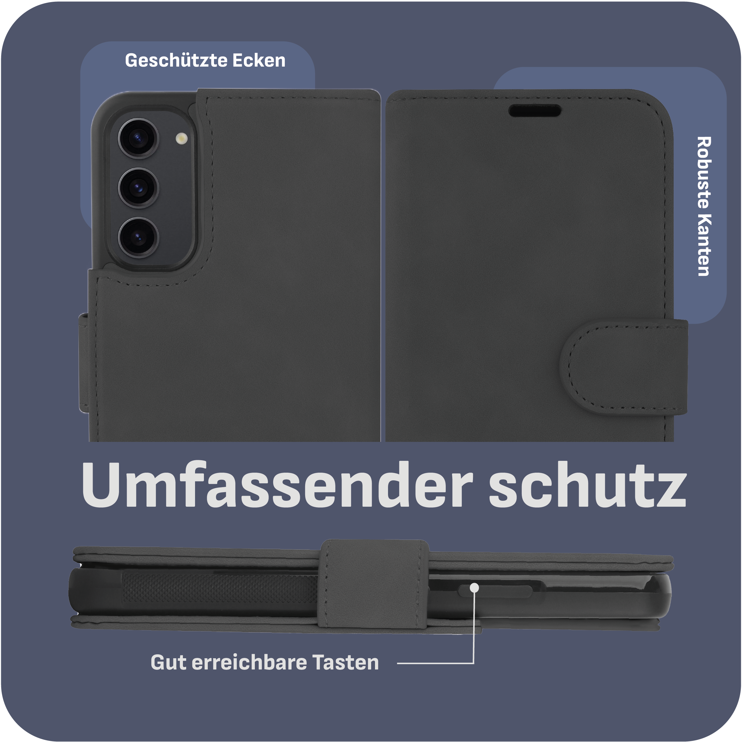 Handyhülle, dunkelgrau, mit Text und Diagrammen. Blauer Hintergrund.
