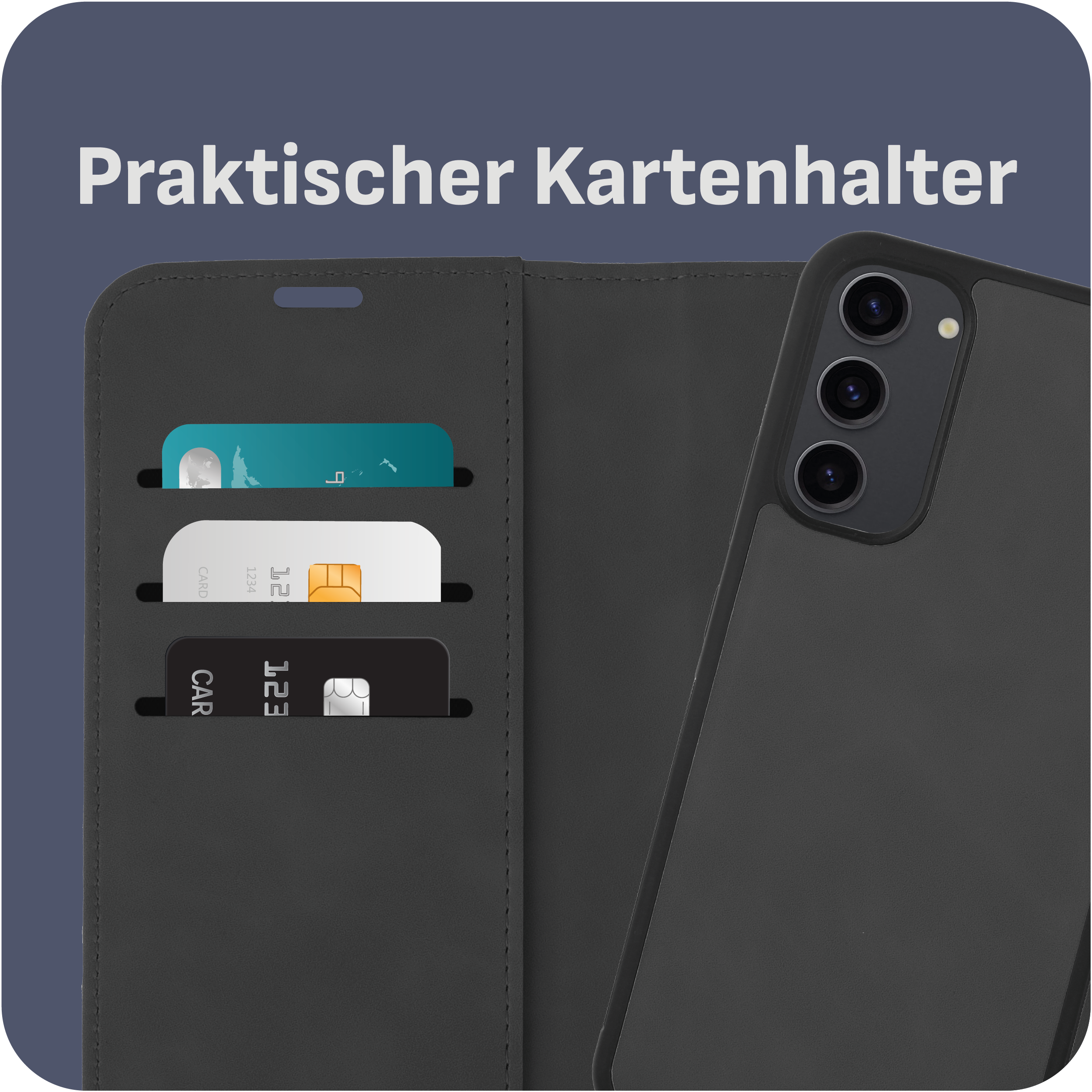 Schwarze Brieftaschen-Handyhülle mit drei Kartenfächern. Karten sichtbar. Text 'Praktischer Kartenhalter' oben.