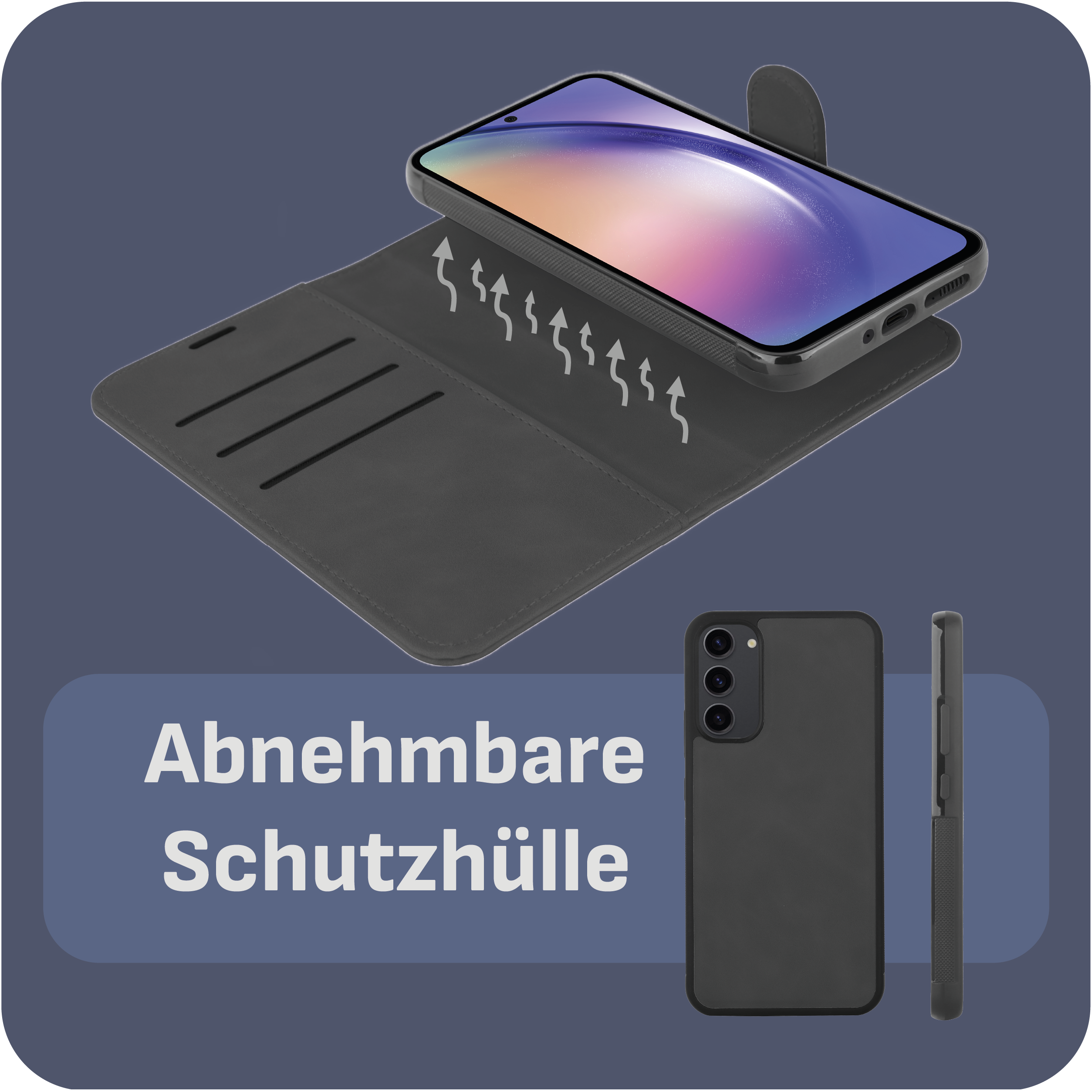 Ein Telefon in einer schwarzen Hülle, mit Pfeilen, die die Wärmeableitung anzeigen, auf einer Oberfläche.