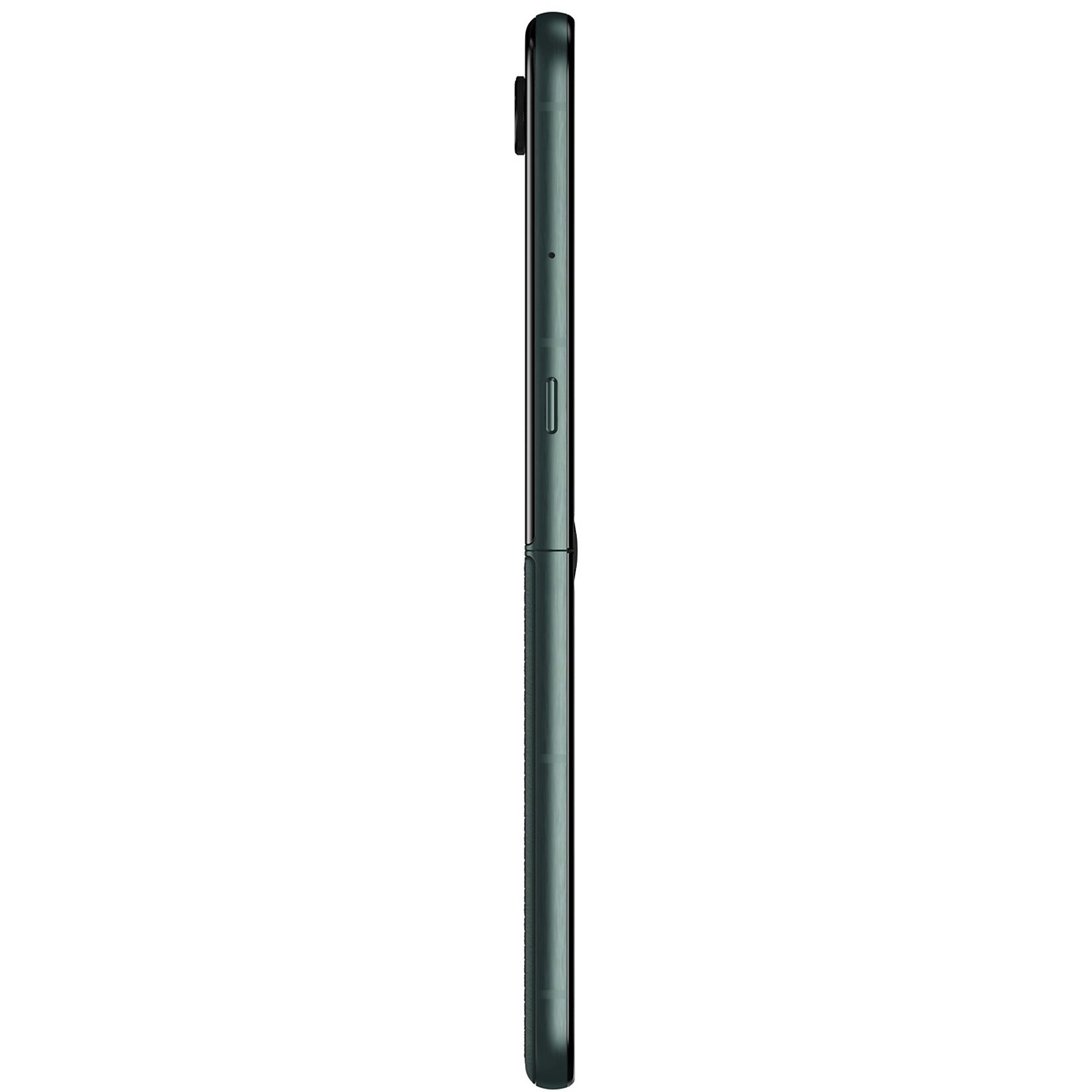 Seitenansicht eines dunkelgrünen Smartphones. Es ist geschlossen und zeigt ein schlankes, minimalistisches Design.